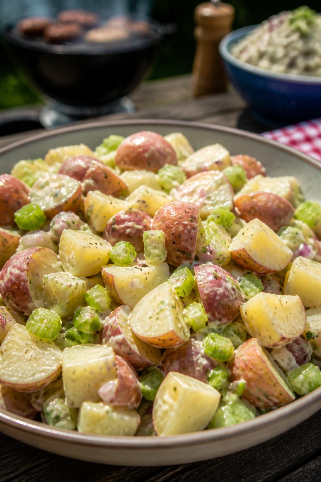 Potato salad in a glass bowl on an outdoor table