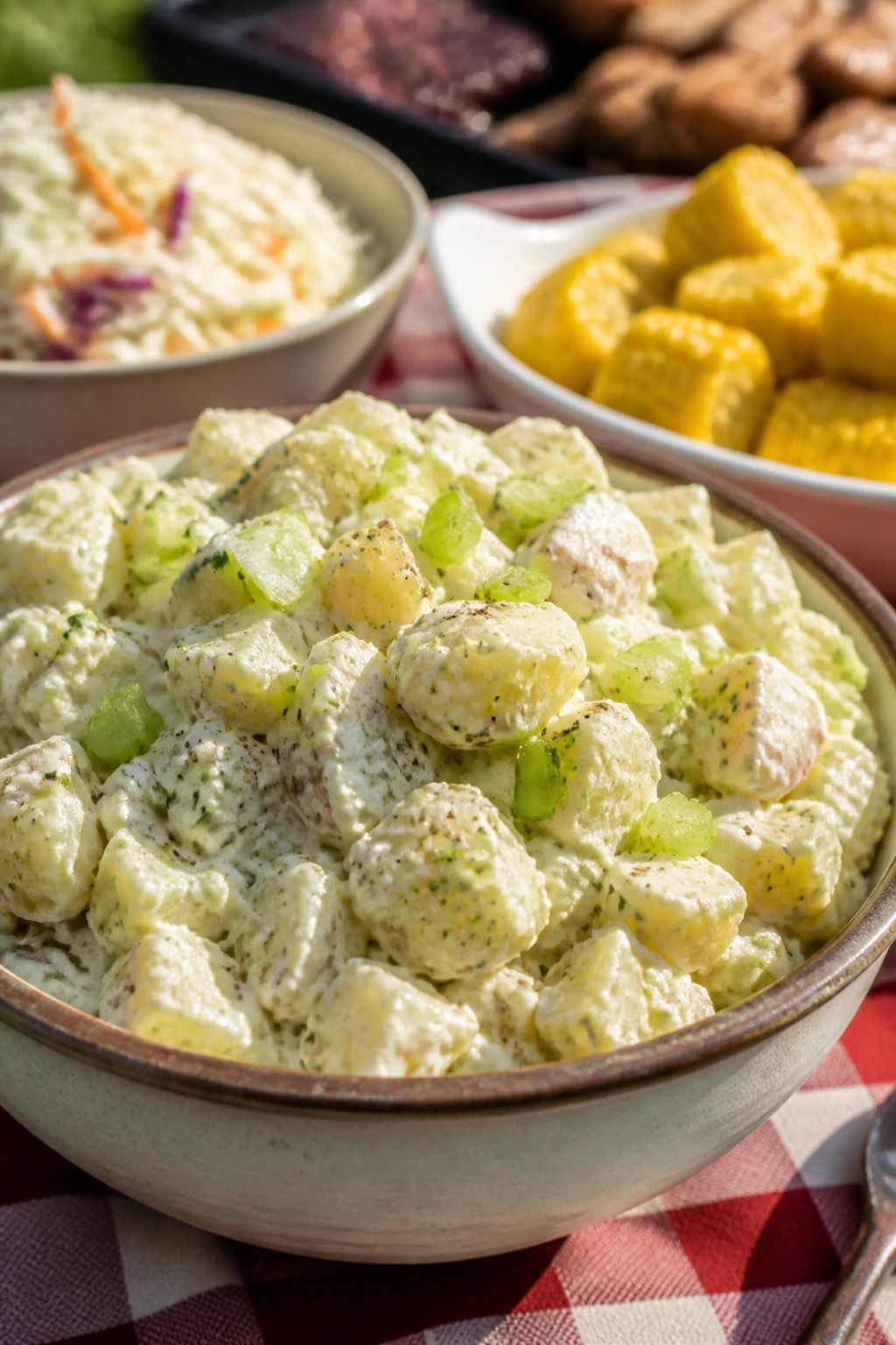 Creamy potato salad in a bowl on a picnic table outdoors