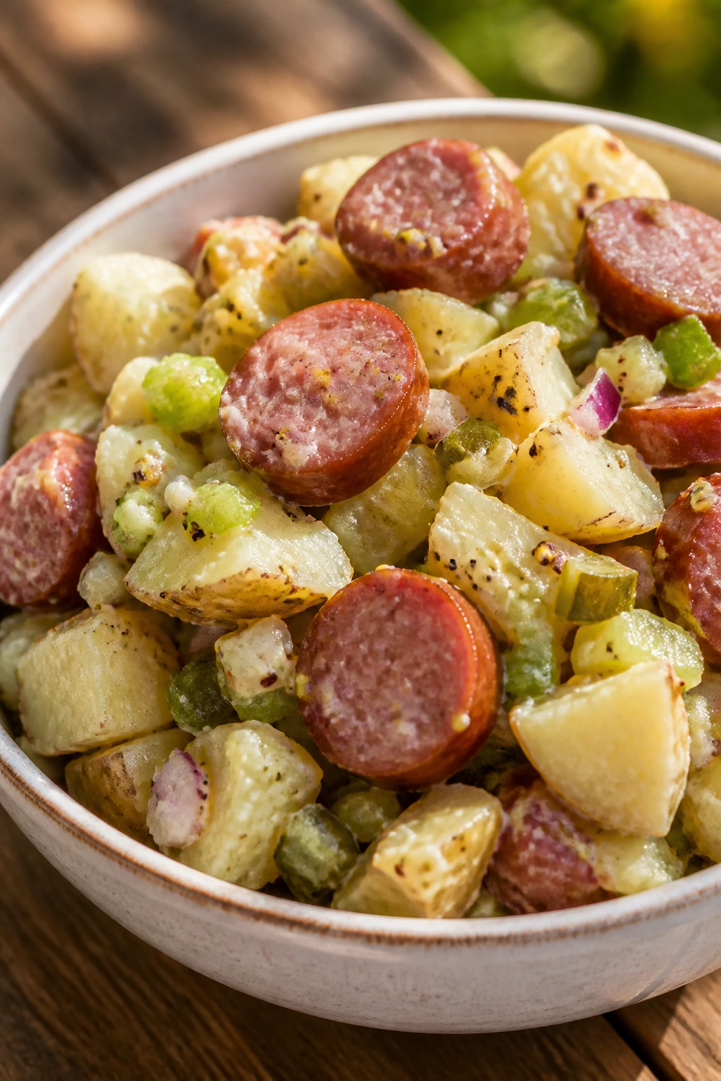 Close-up of smoked sausage potato salad in a bowl on a picnic table