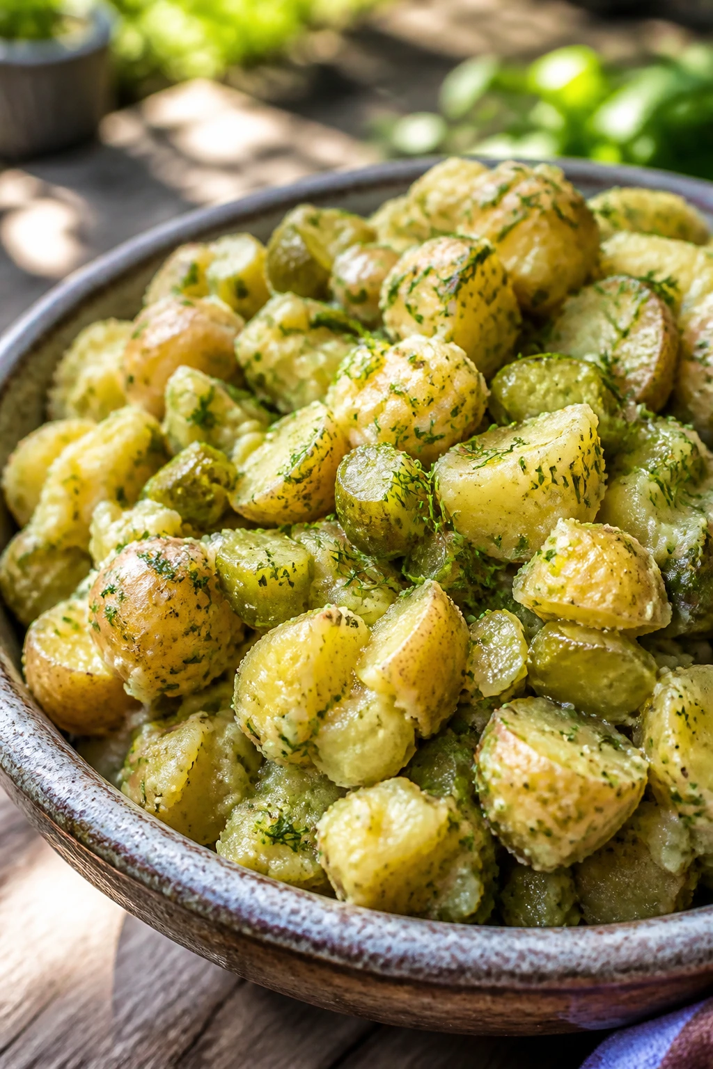 Close-up of smashed potato salad with pickles and herbs in a rustic bowl on a sunny picnic table