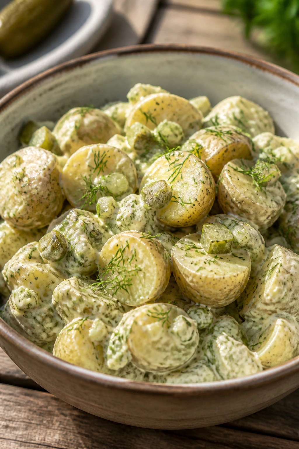 Creamy dill pickle potato salad in a rustic bowl with dill and pickles