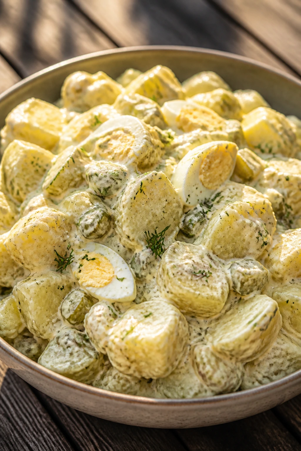 Close-up of creamy potato salad with Yukon Gold potatoes, eggs, pickles, and dill in a bowl on a sunny picnic table.