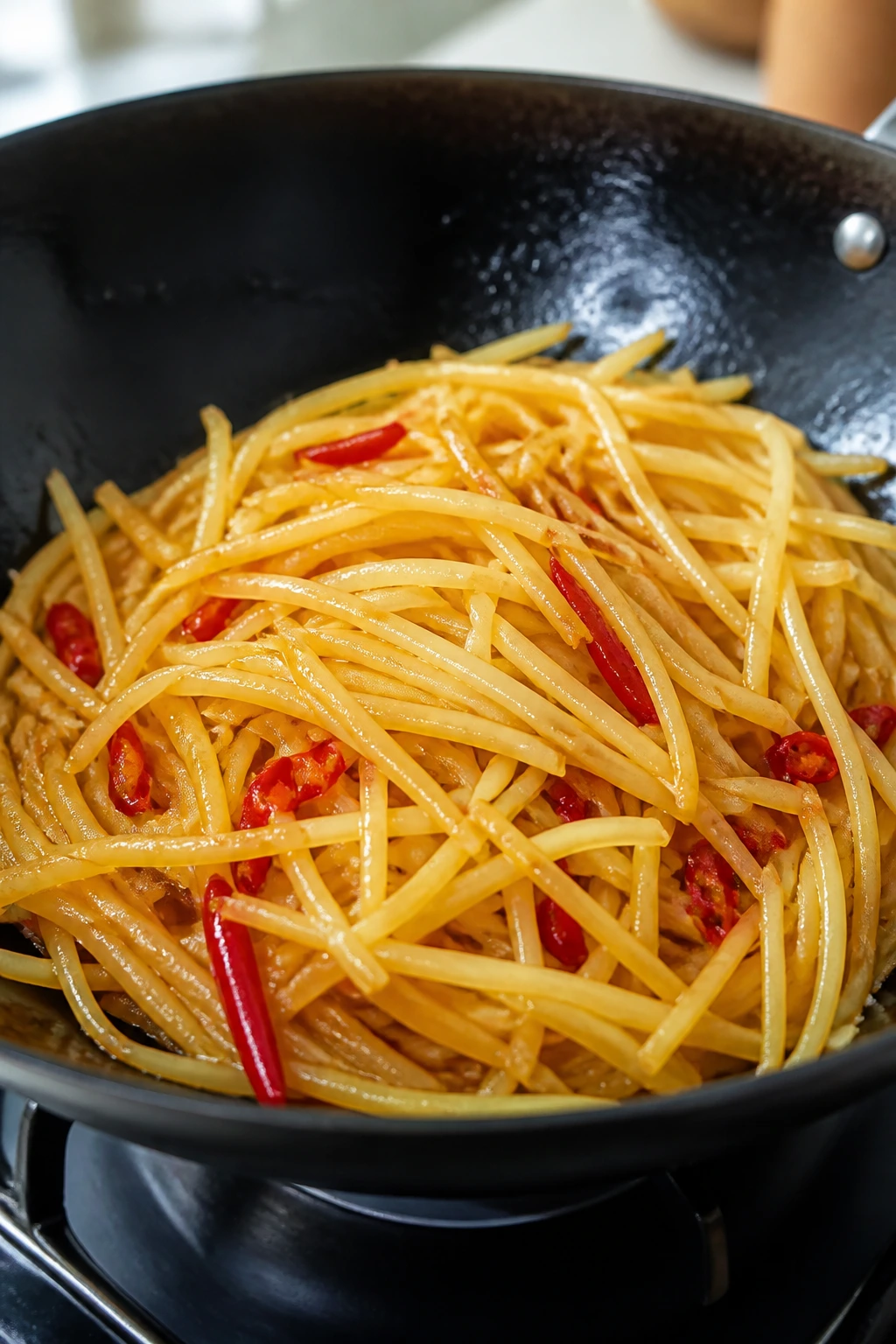 Close-up of crisp shredded potatoes with vinegar and chili