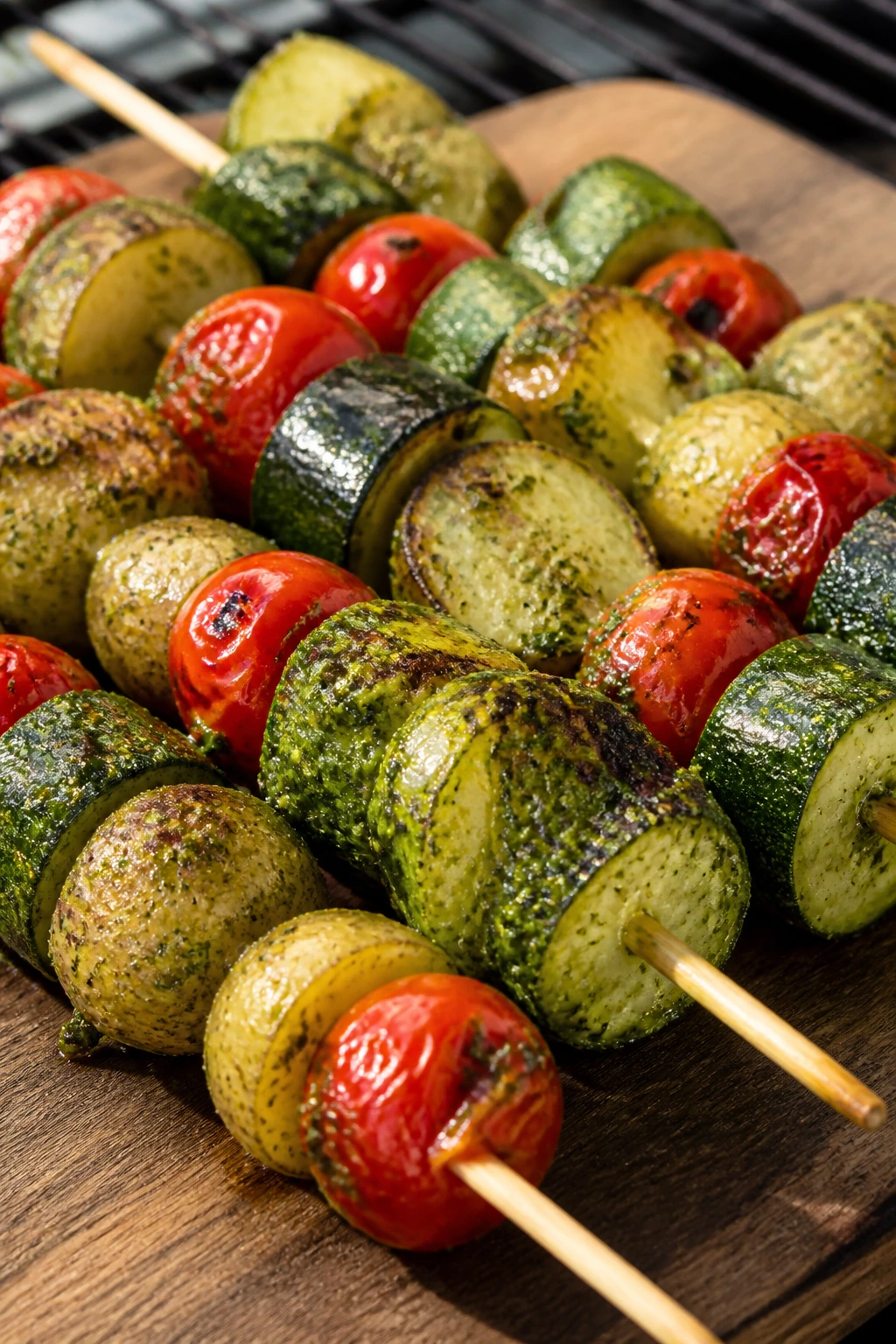 Close-up of pesto-coated potato and tomato skewers on a grill