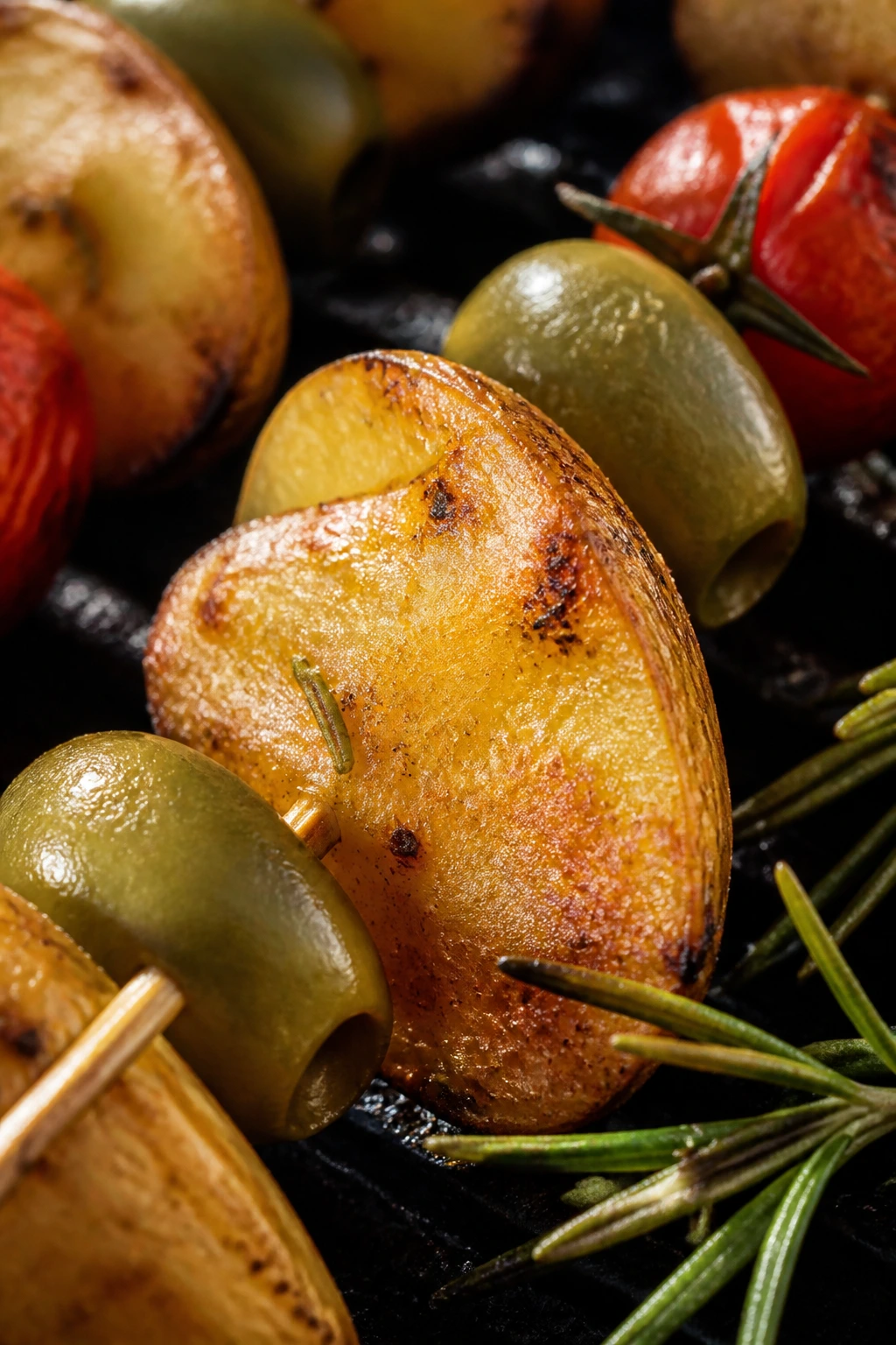 Close-up rosemary potato skewers with olives and tomato