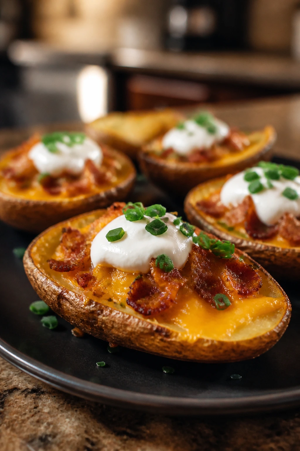 Loaded potato skins with cheese, bacon, sour cream on dark plate