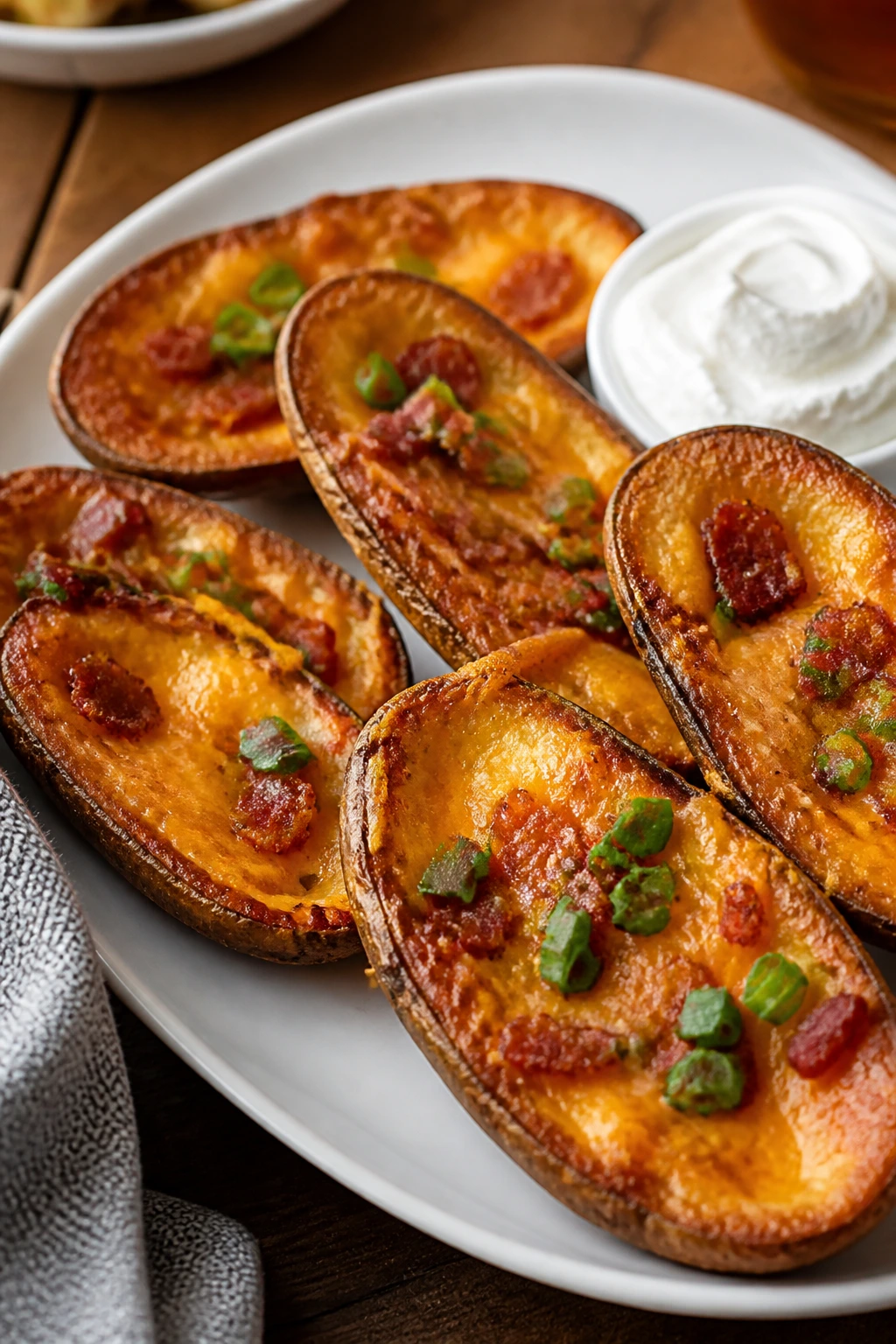 Close-up of loaded baked potato skins on a plate