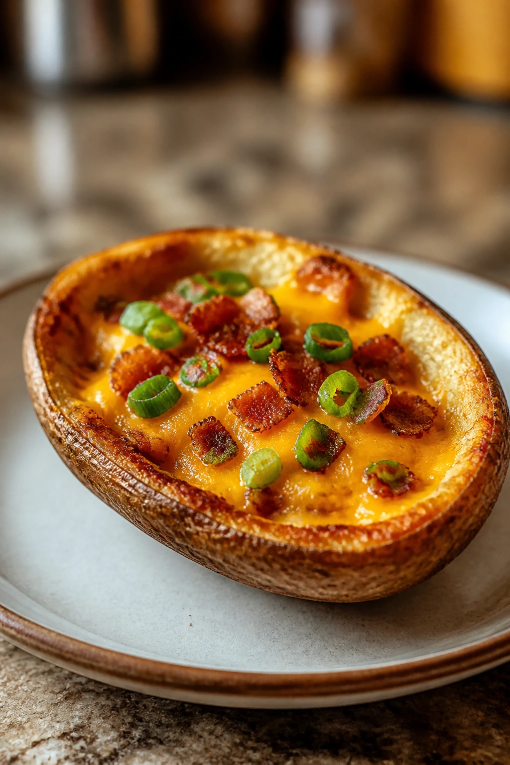 Close-up of a loaded potato skin with cheese and bacon