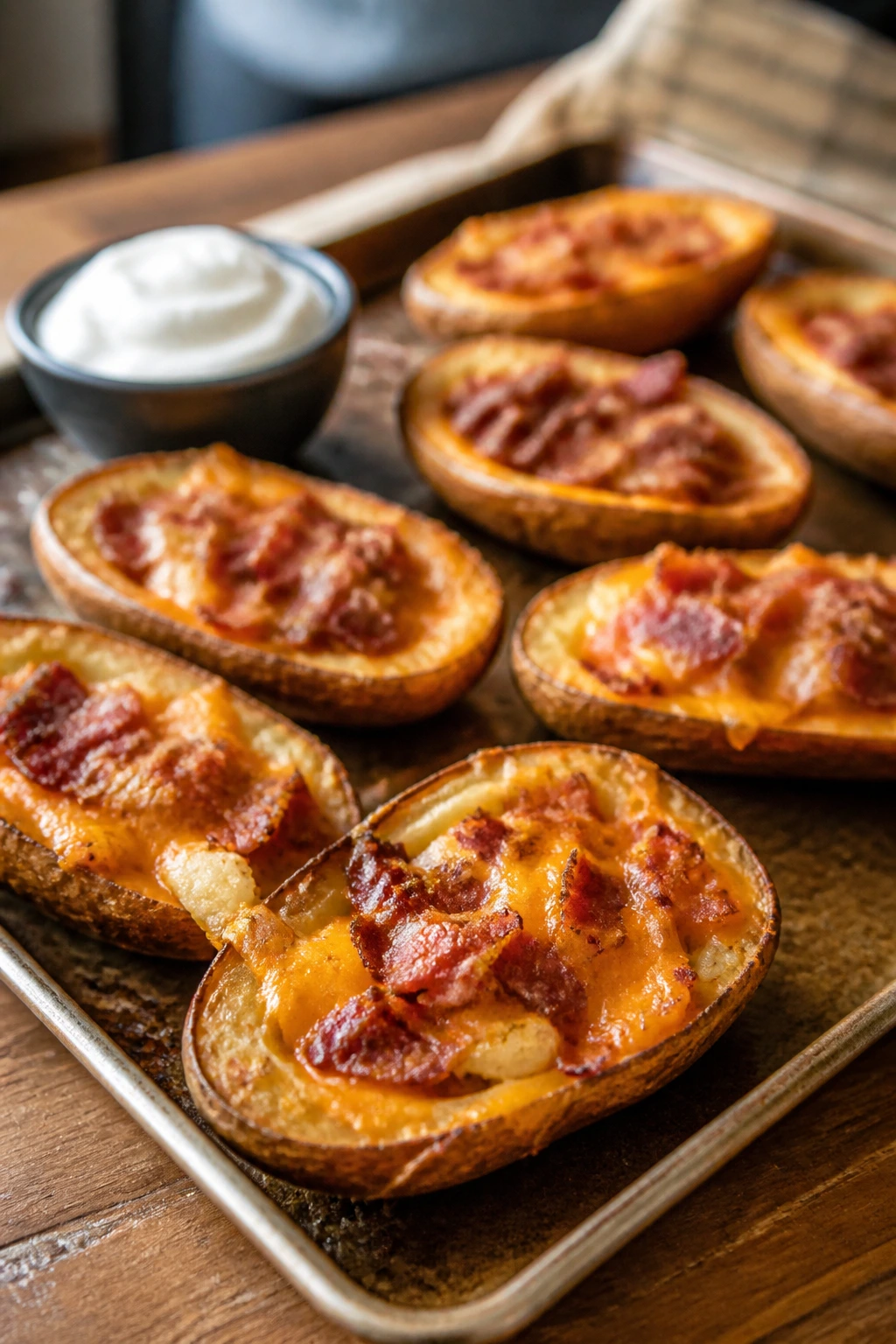 Close-up of loaded potato skins with cheese and bacon on a baking sheet