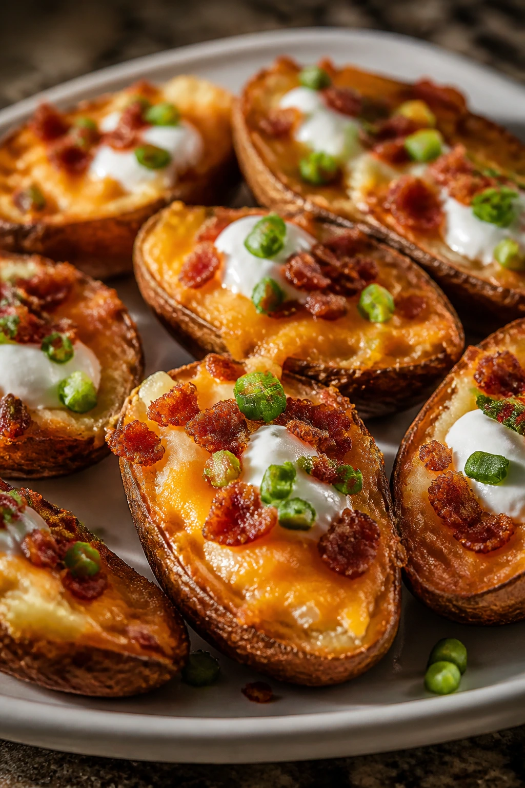 Crispy loaded potato skins with cheese and bacon on a plate.