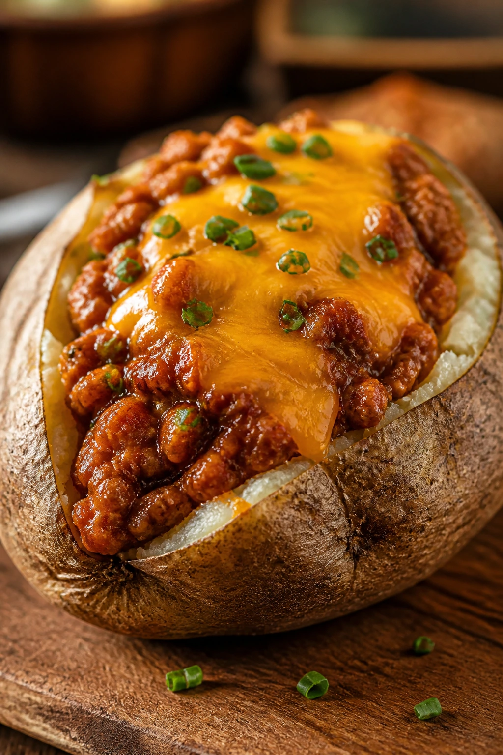 Close-up of a stuffed baked potato with sloppy joe and melted cheese