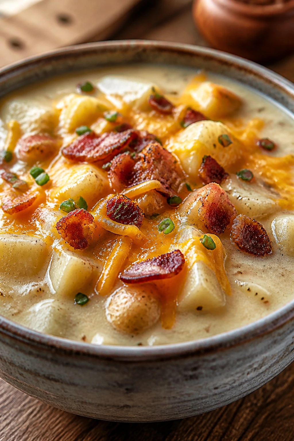 Creamy loaded potato soup with bacon and cheddar in a rustic bowl