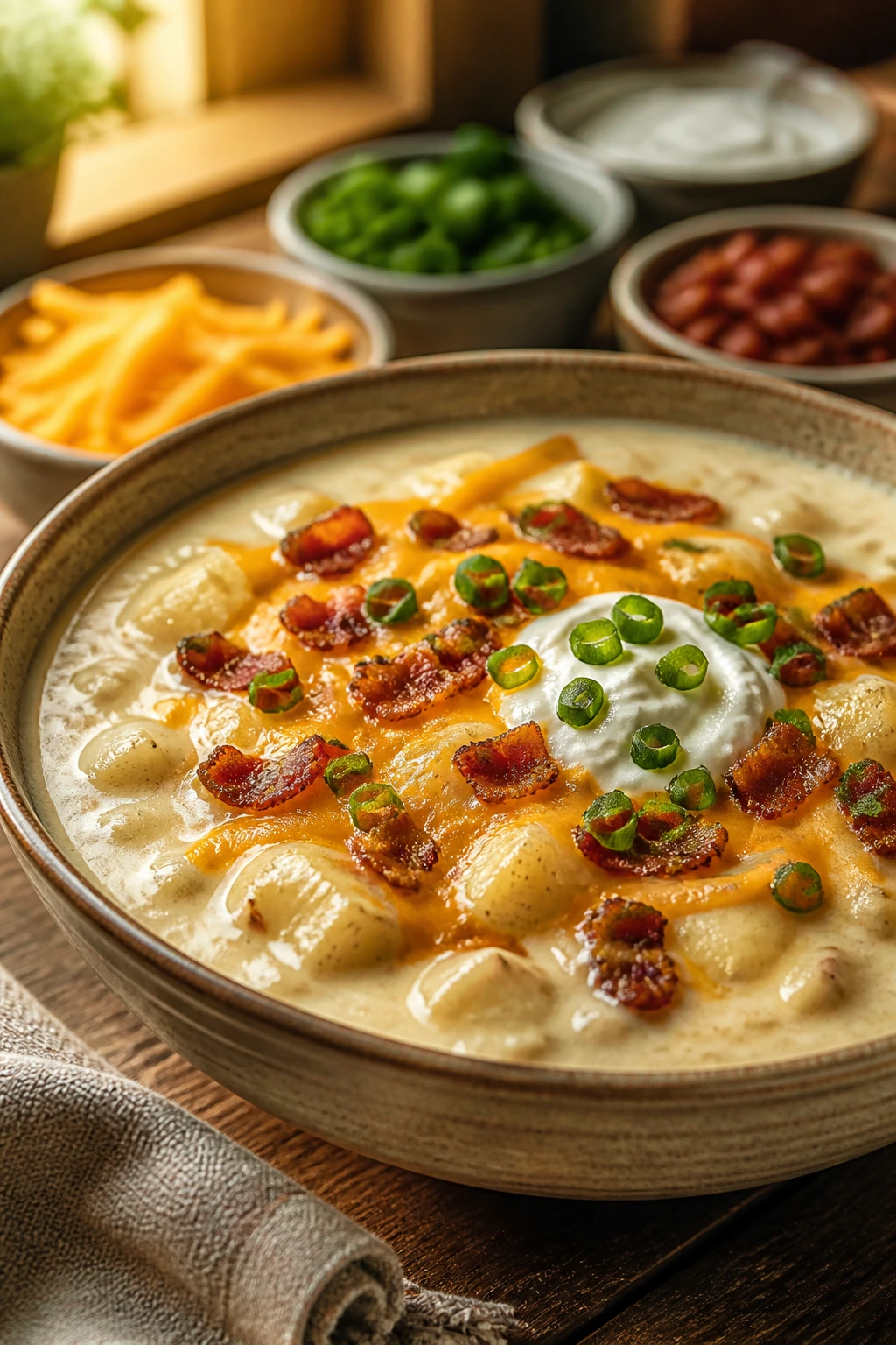 Close-up of loaded baked potato soup in a bowl with cheddar and bacon toppings