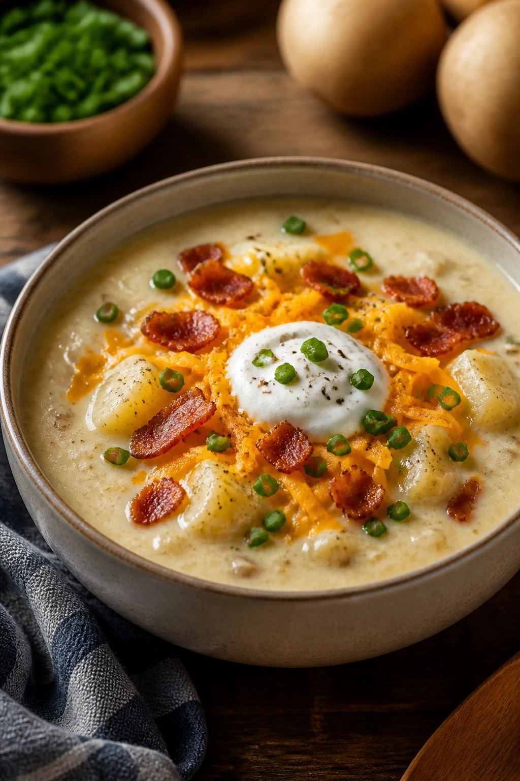 Creamy loaded baked potato soup in a bowl with cheddar topping