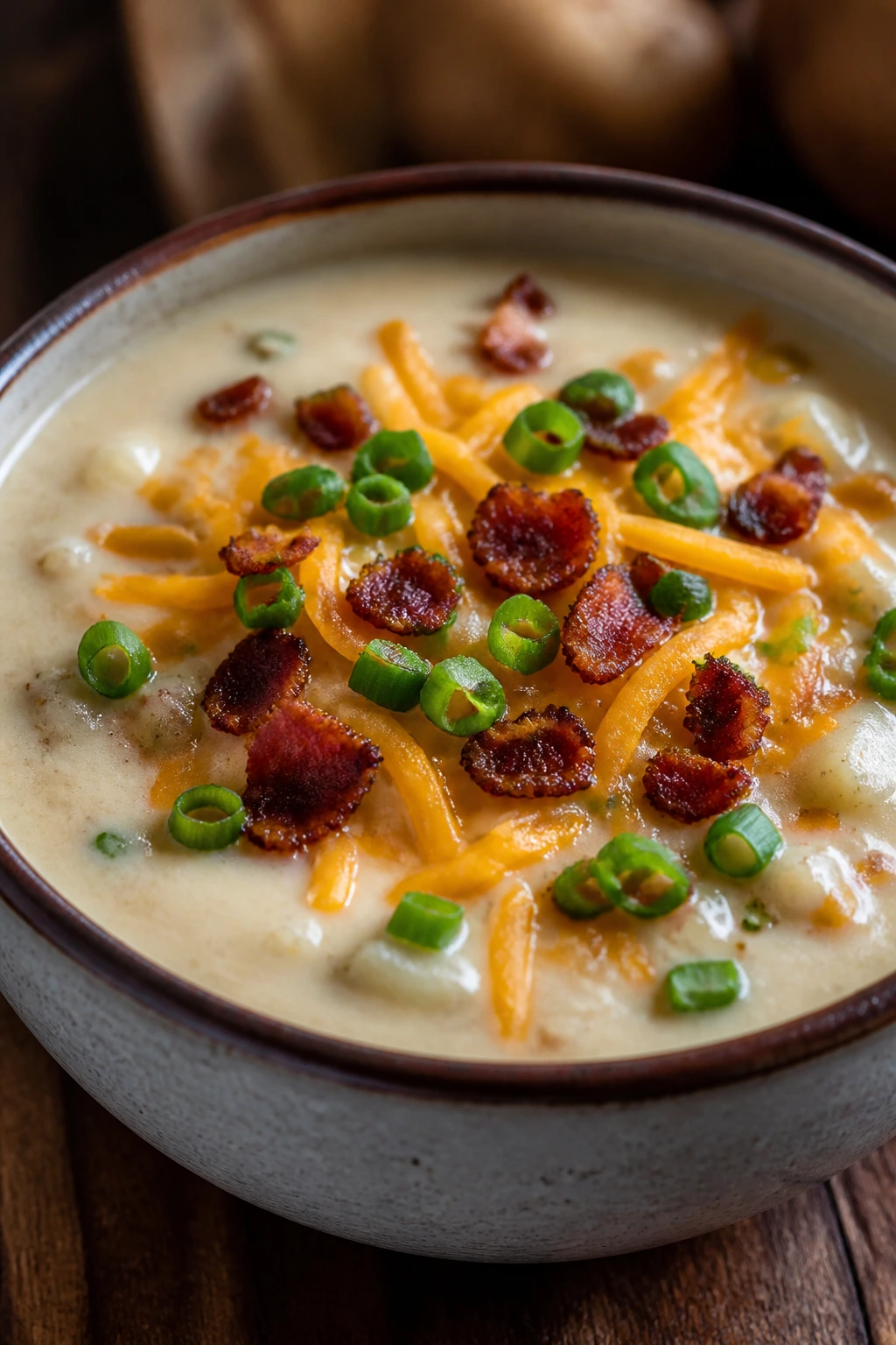 Creamy loaded potato soup in a bowl with bacon and cheddar