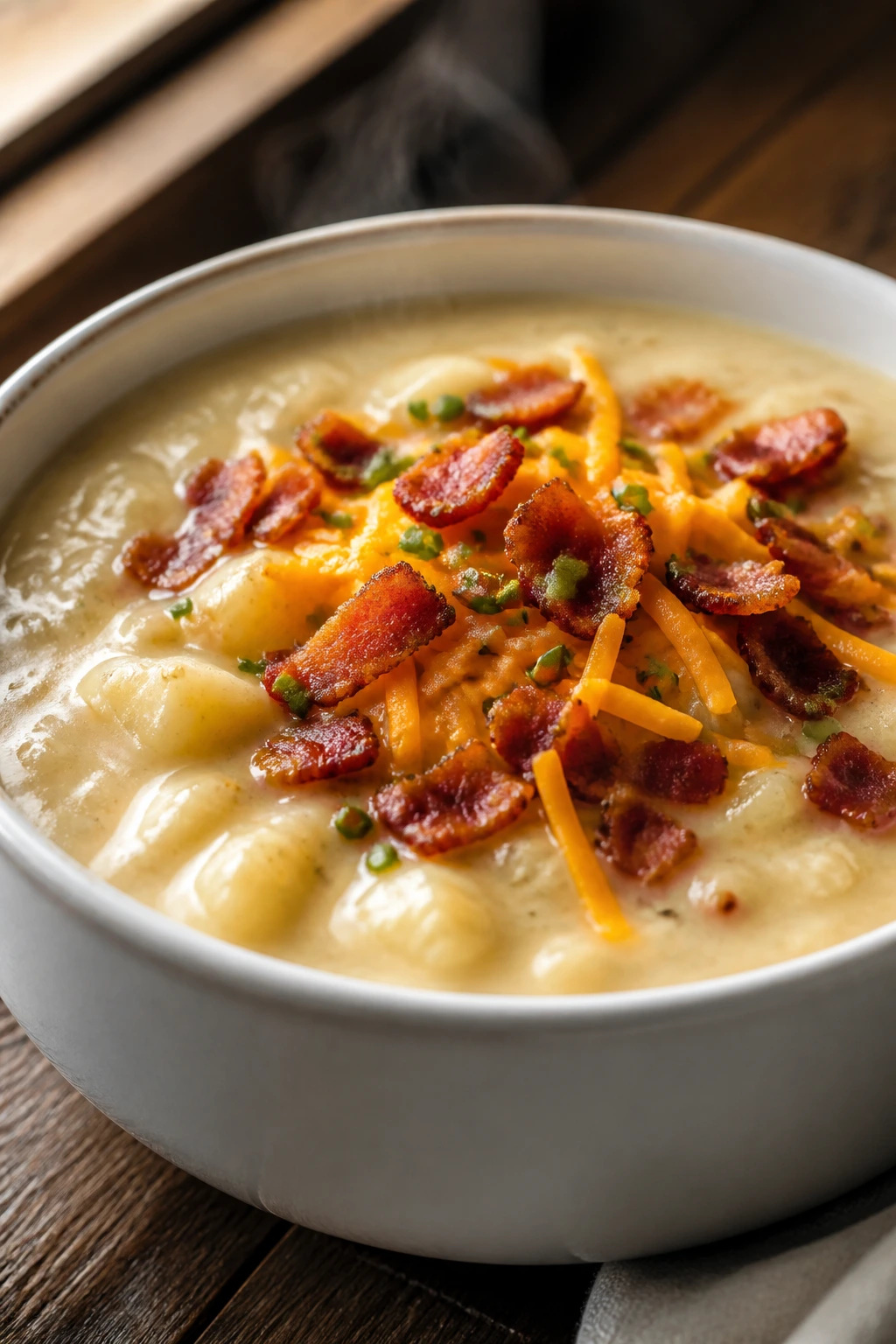 Close-up of thick loaded potato soup with bacon and cheddar in a rustic kitchen.