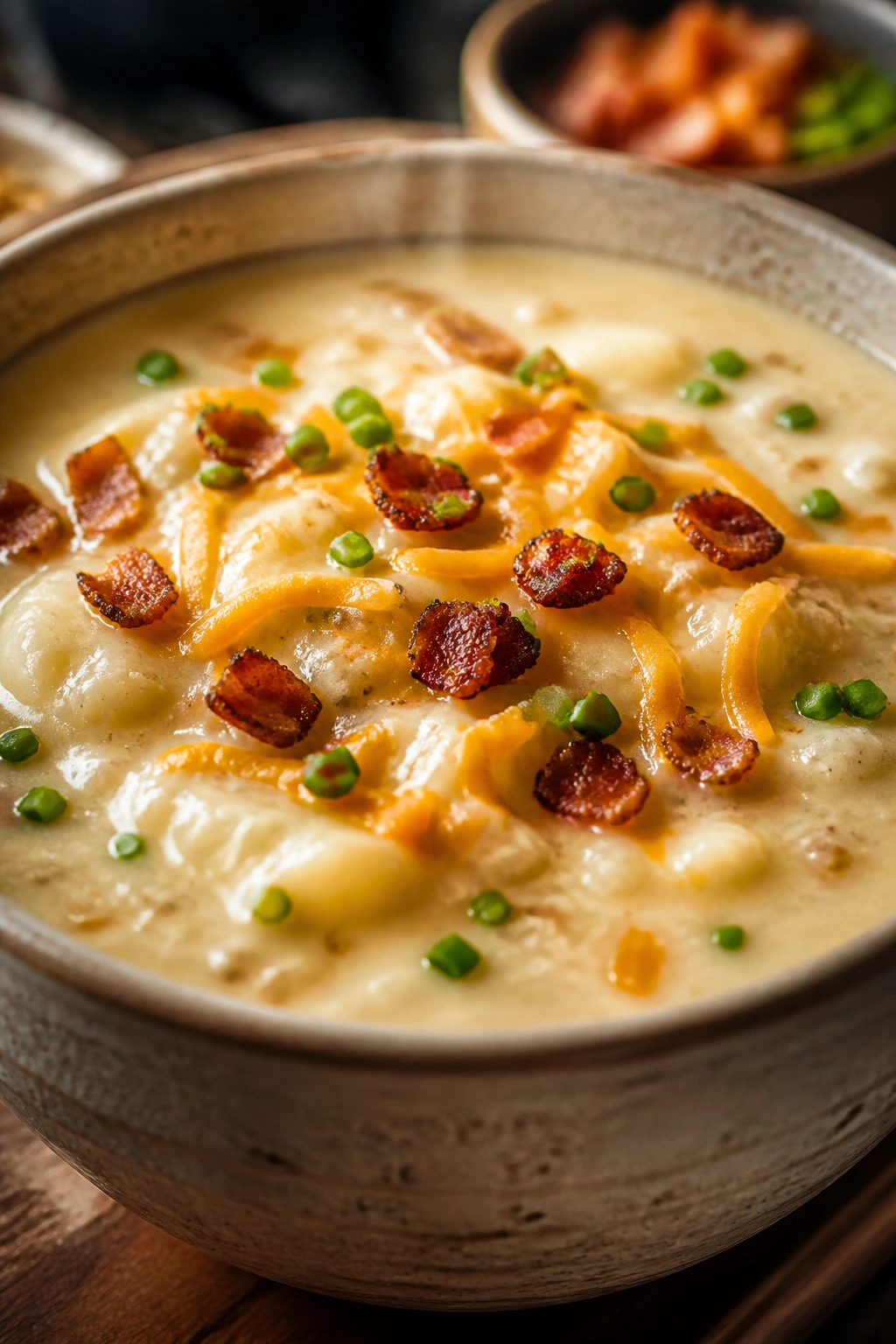 Steaming bowl of loaded potato soup with bacon and cheese