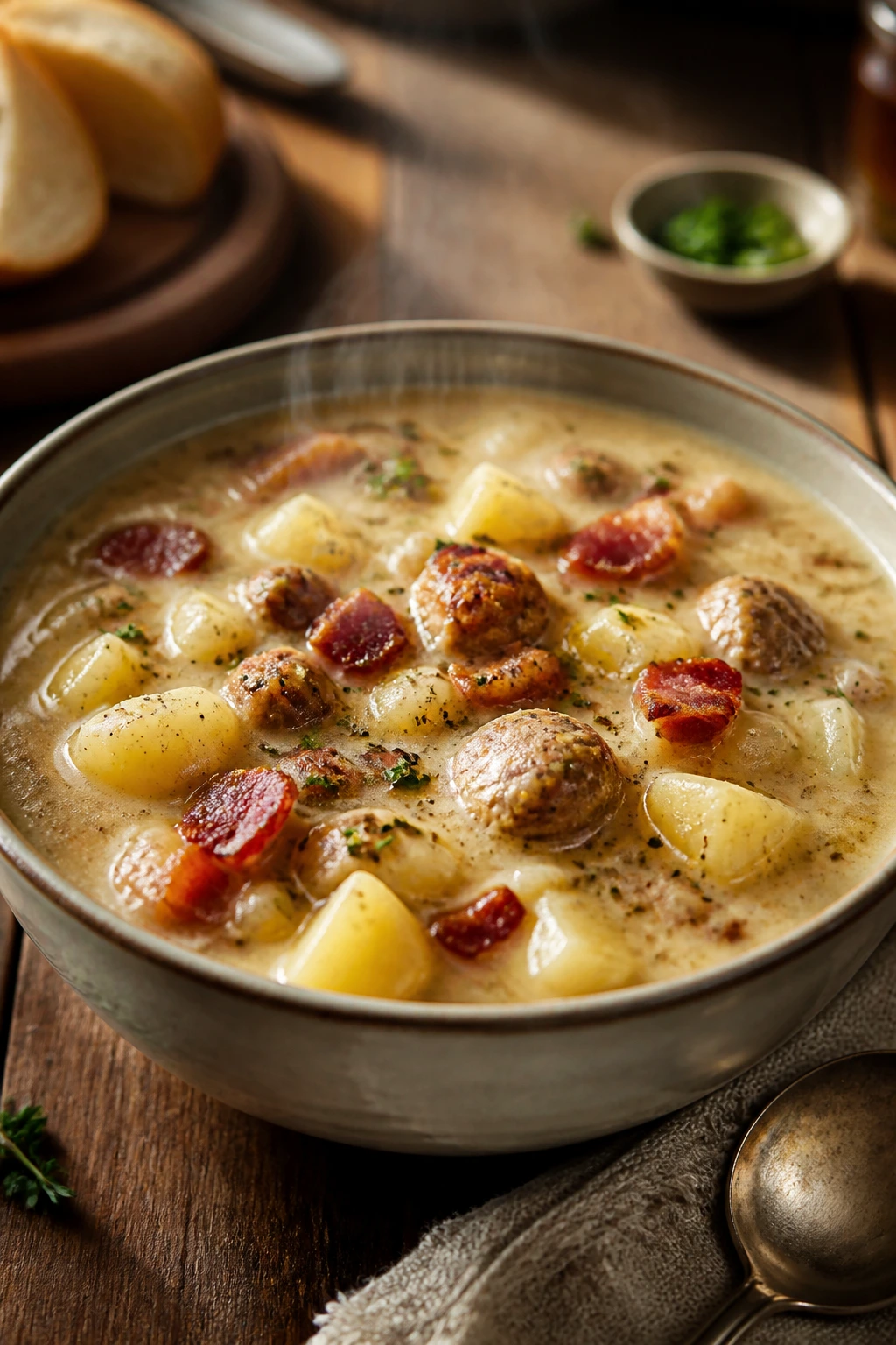 Potato soup with sausage and bacon in a rustic bowl
