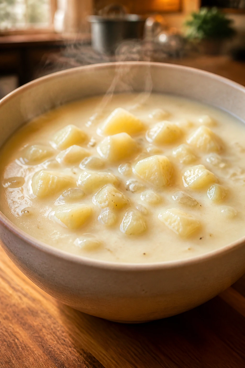 Close-up of a steaming bowl of creamy potato soup with potato chunks on a warm kitchen counter