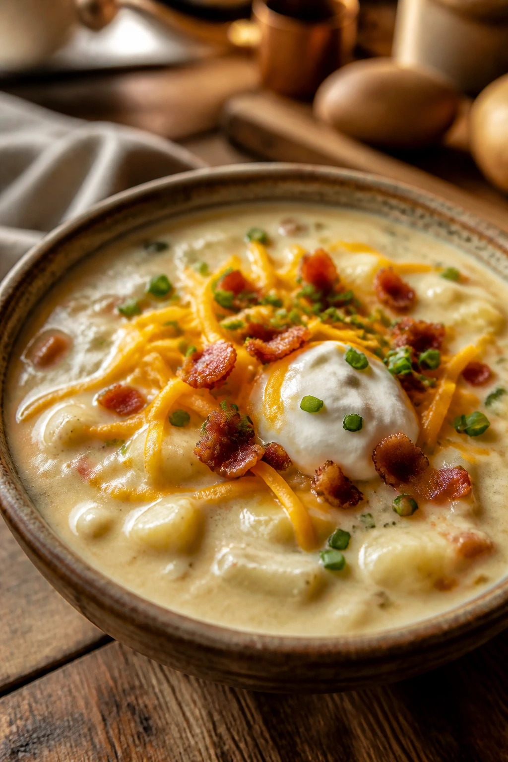 Creamy loaded potato soup in a bowl with cheddar