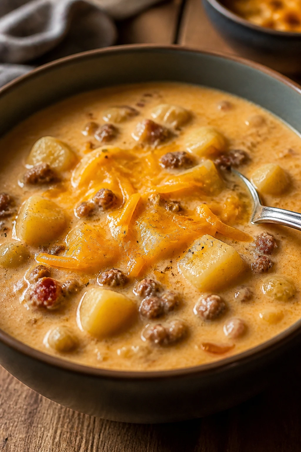 Thick potato soup with cheddar in a bowl