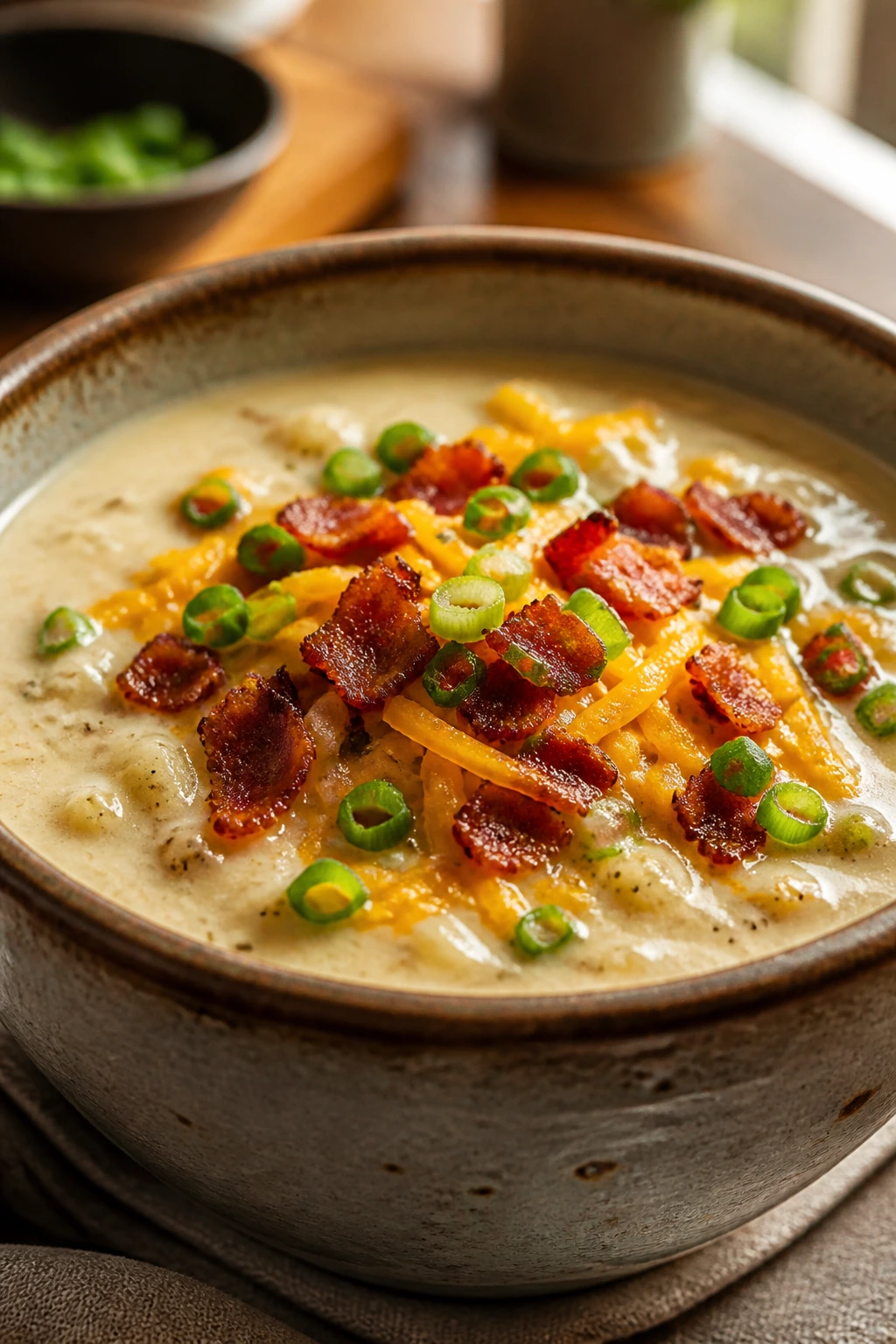 Close-up of loaded baked potato soup with cheddar and bacon in a rustic bowl on a wooden counter.