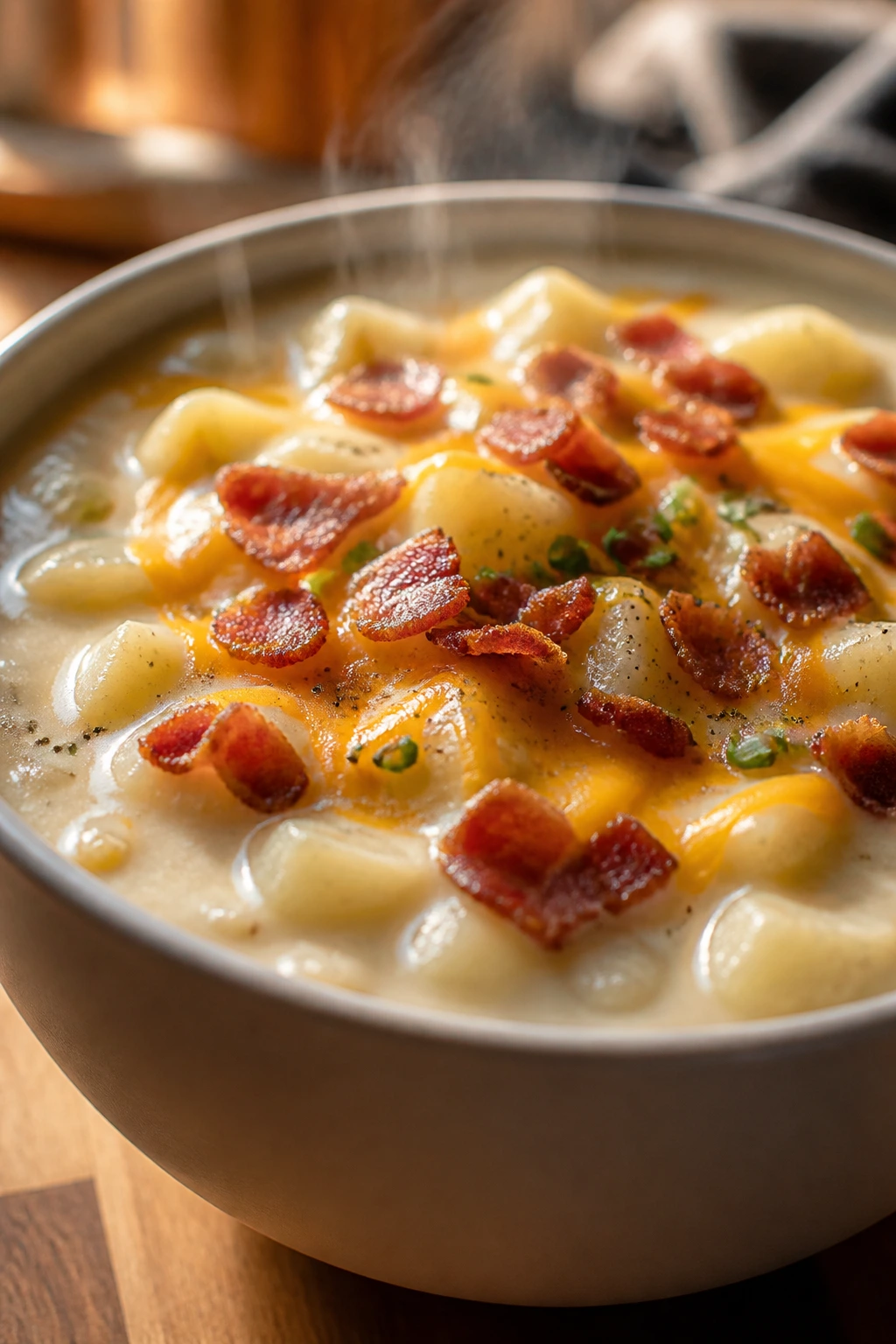 Creamy loaded potato soup with cheddar and bacon topping.