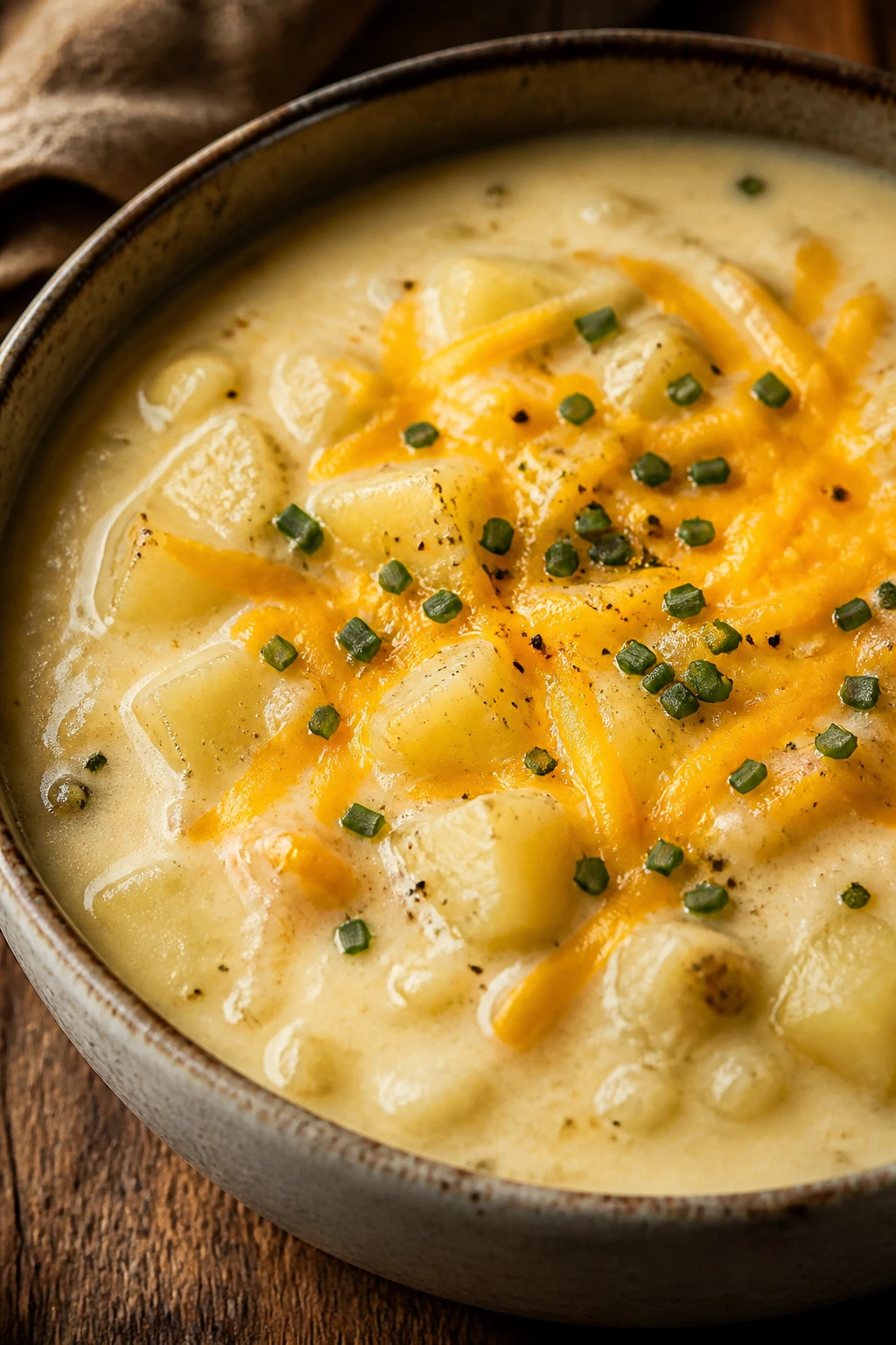 Creamy potato soup with cheddar and chives in a rustic bowl