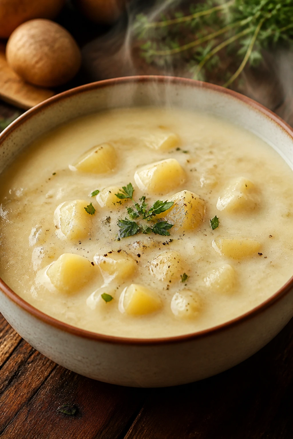 Steaming bowl of creamy potato soup on a rustic table