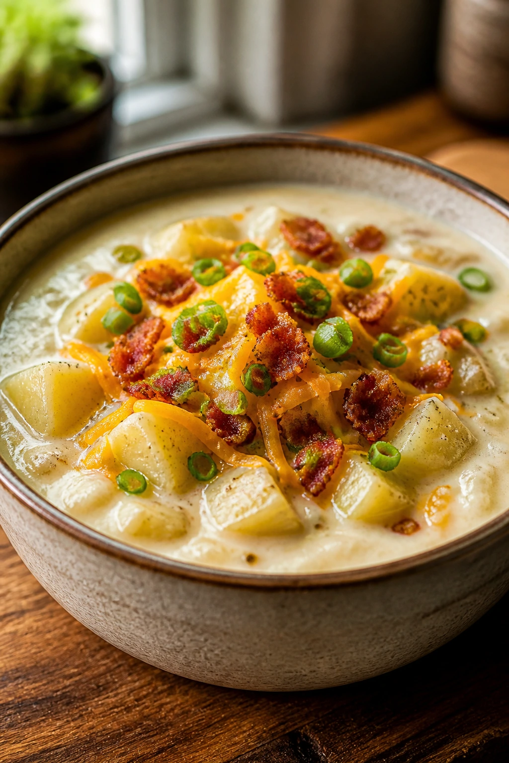 Close-up of loaded baked potato soup with bacon cheddar in a rustic bowl