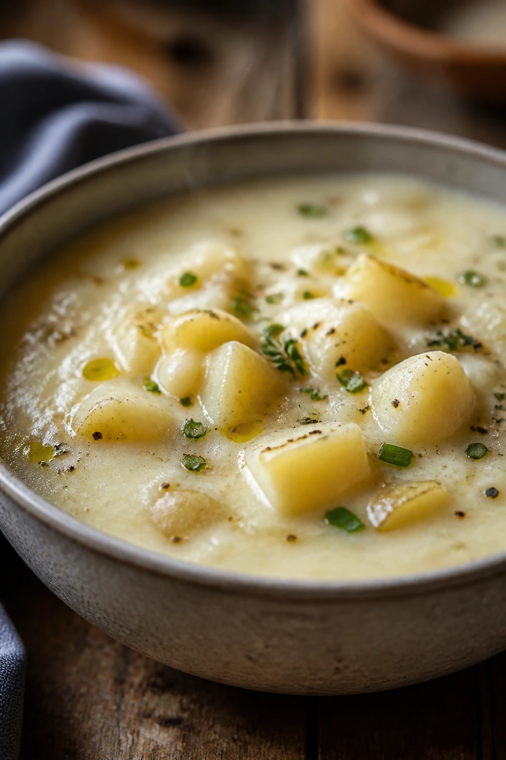 Close-up of a steaming bowl of creamy potato soup on a rustic wooden table