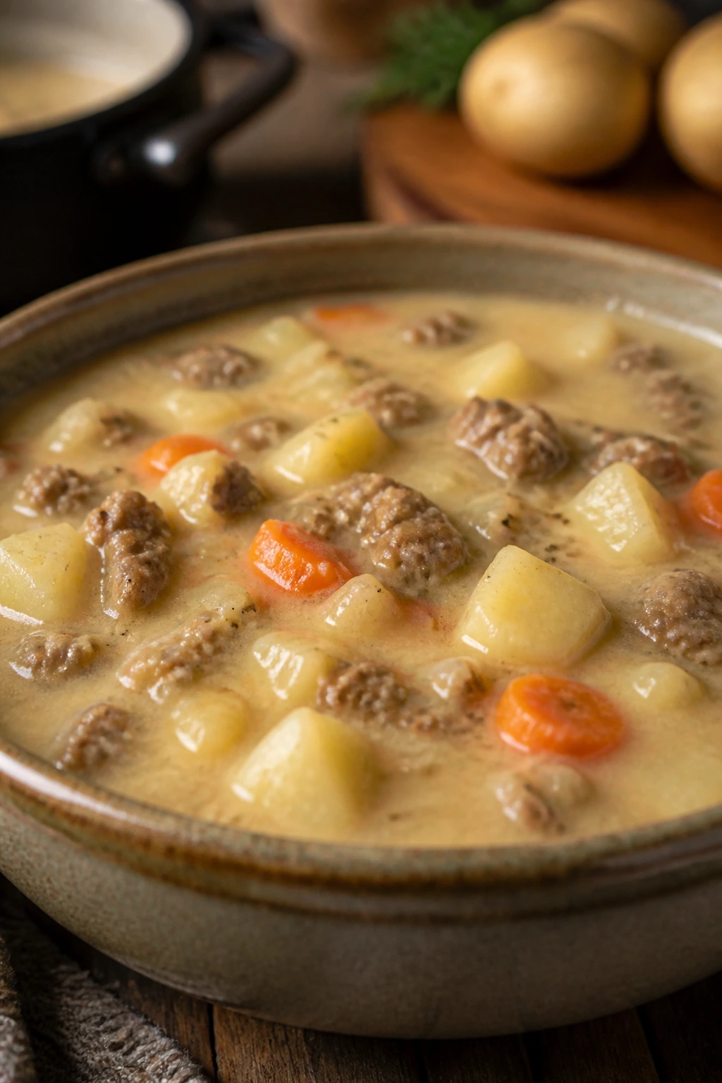 Steaming bowl of hamburger potato soup with beef and potatoes