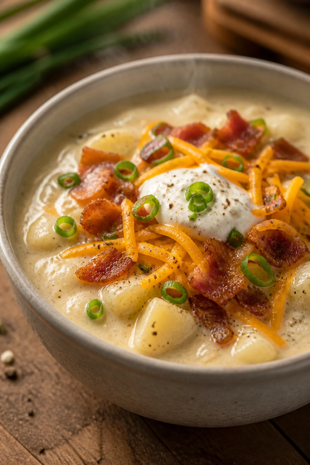 Potato soup with bacon and cheddar in a bowl