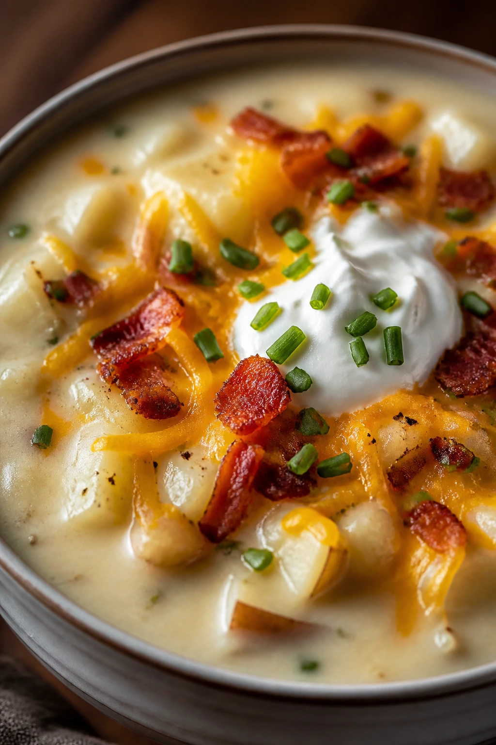 Close-up of Loaded Baked Potato Soup in a bowl with cheddar, sour cream, and chives