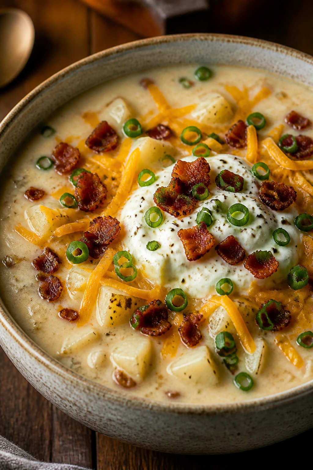 Bowl of loaded baked potato soup with toppings