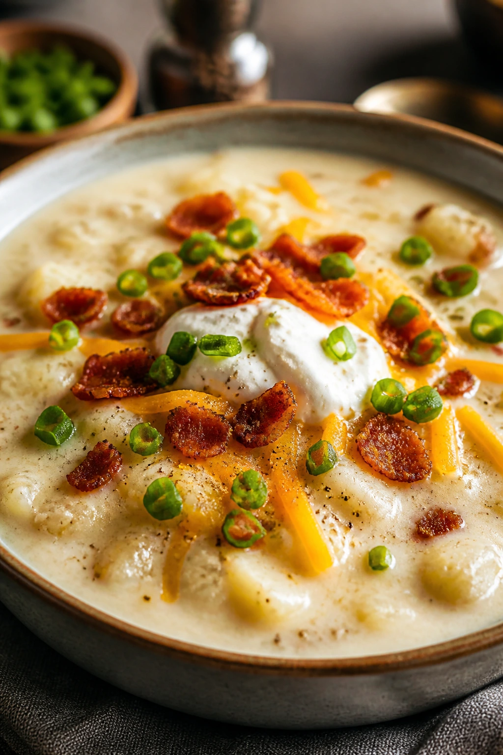 Close-up of loaded potato soup in a bowl with toppings