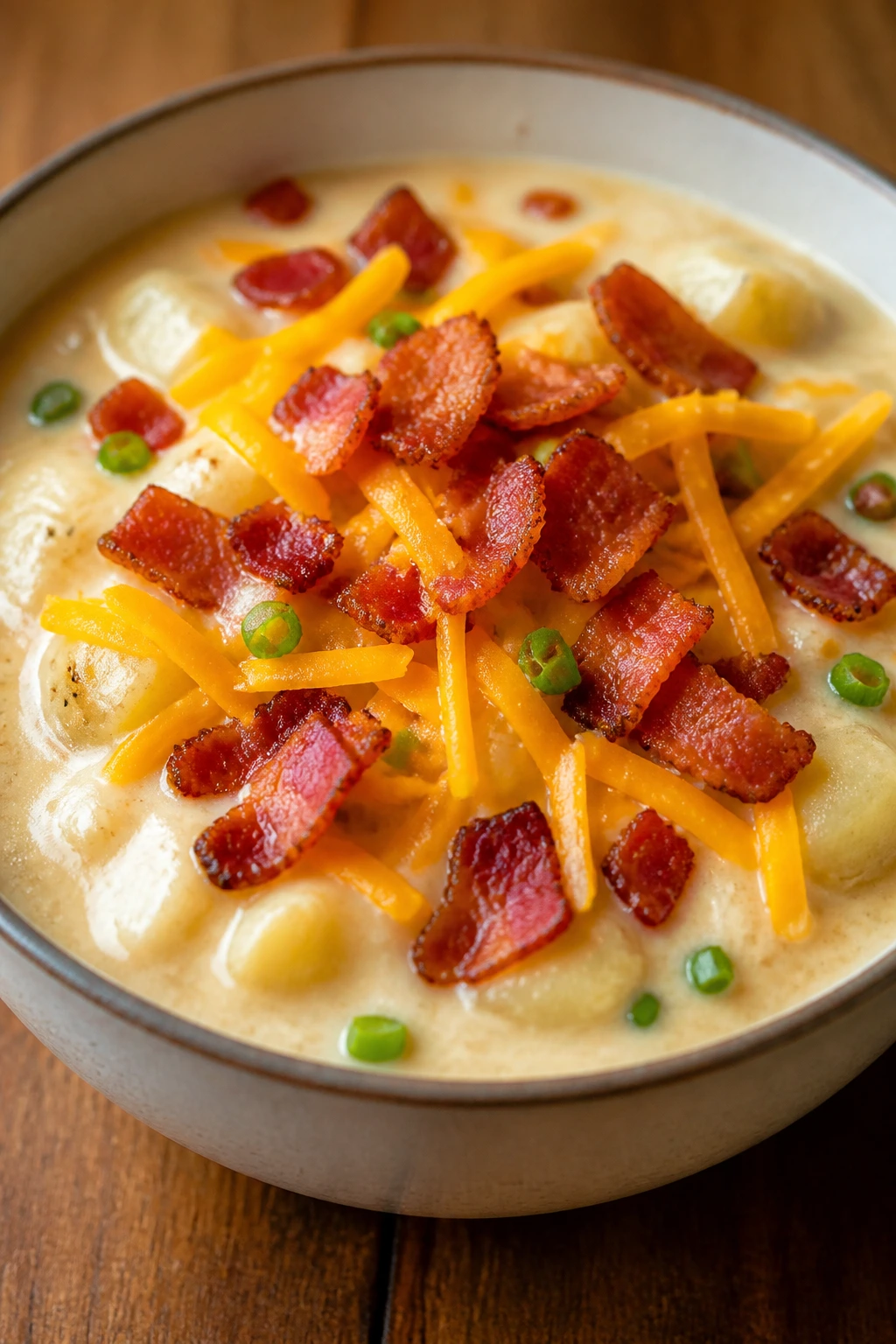 Bowl of loaded potato soup with cheese and bacon toppings