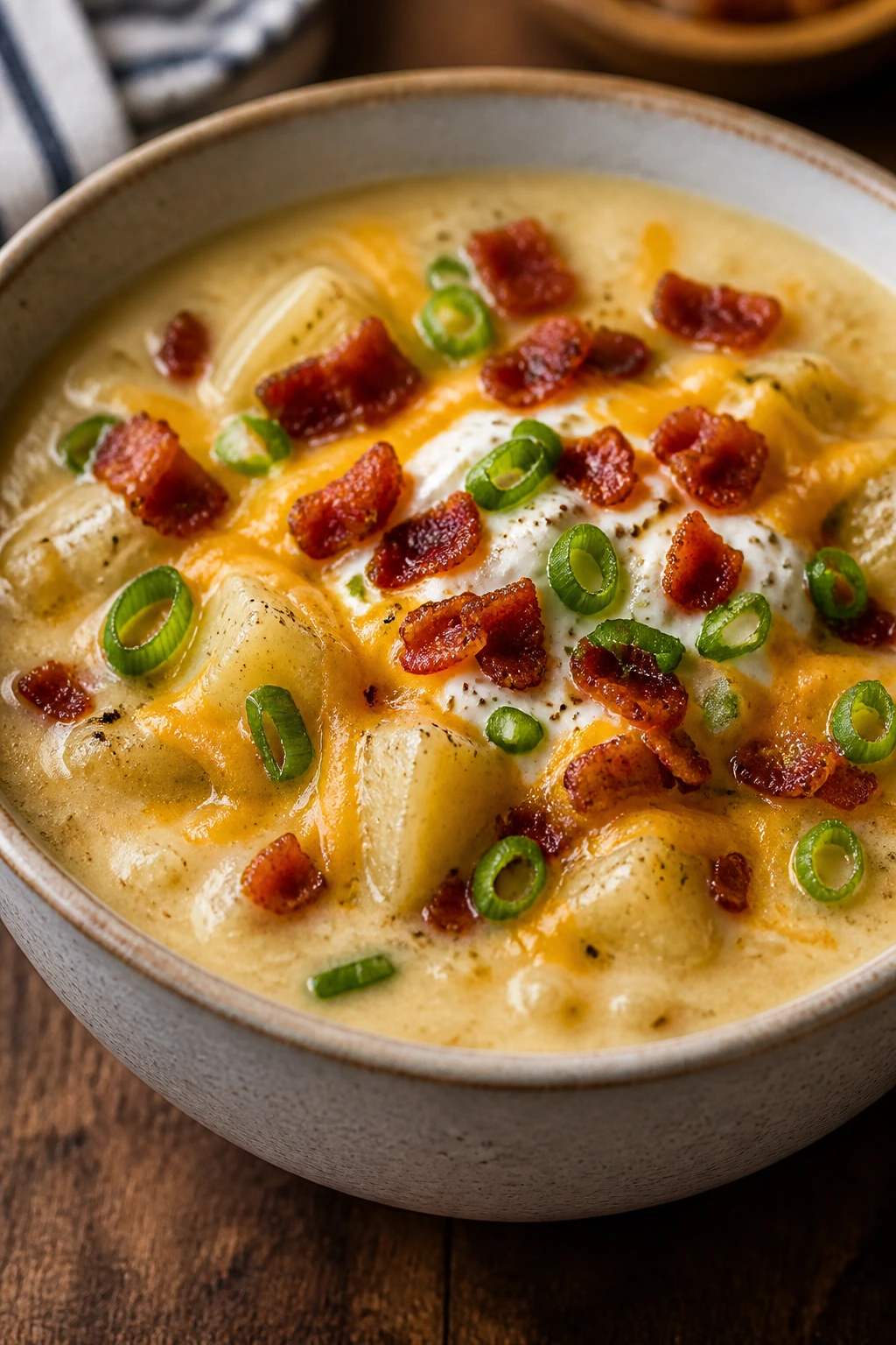 Creamy loaded potato soup with bacon and cheese in a bowl.