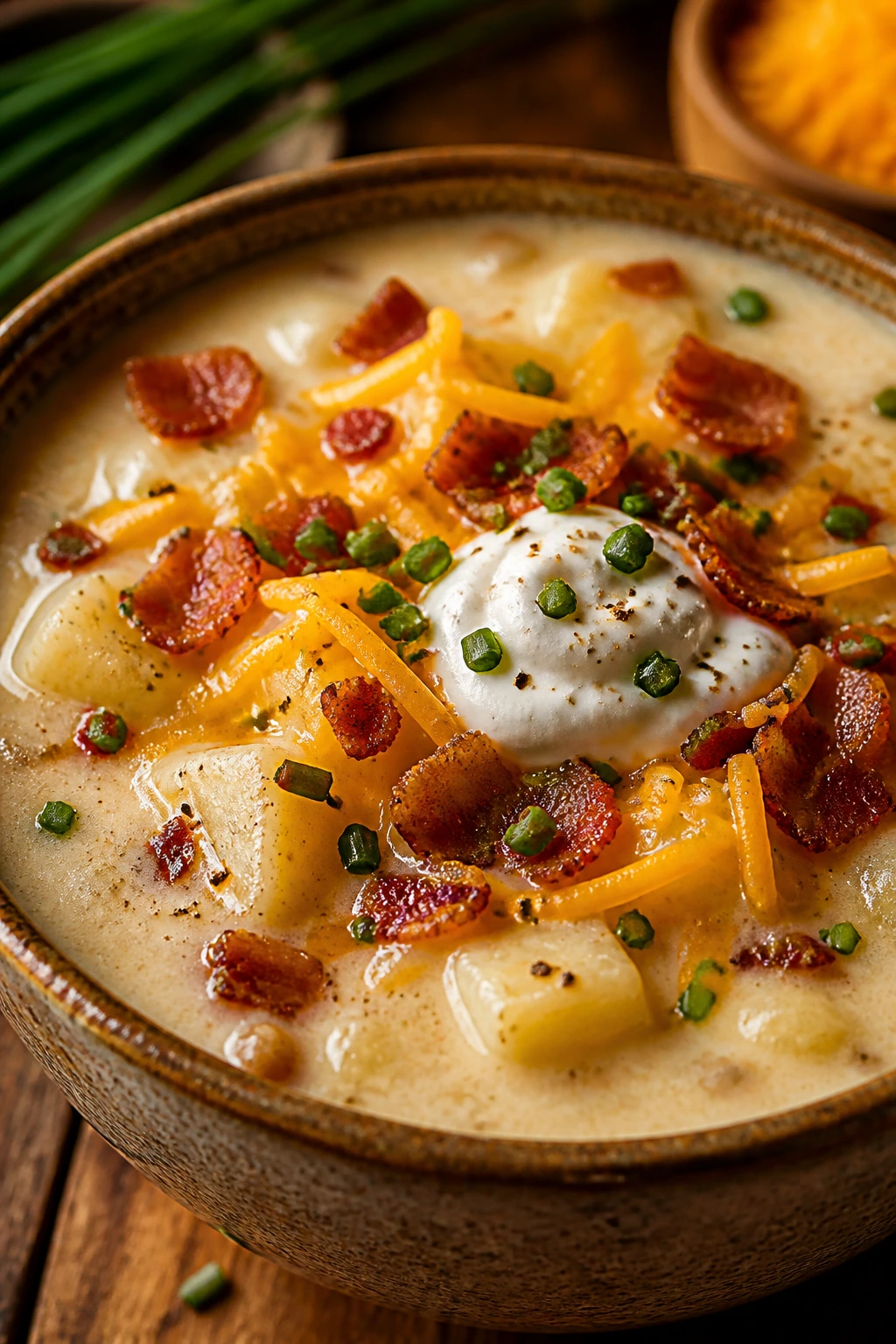 Close-up of Loaded Baked Potato Soup in a rustic bowl with bacon, cheddar, sour cream and chives.