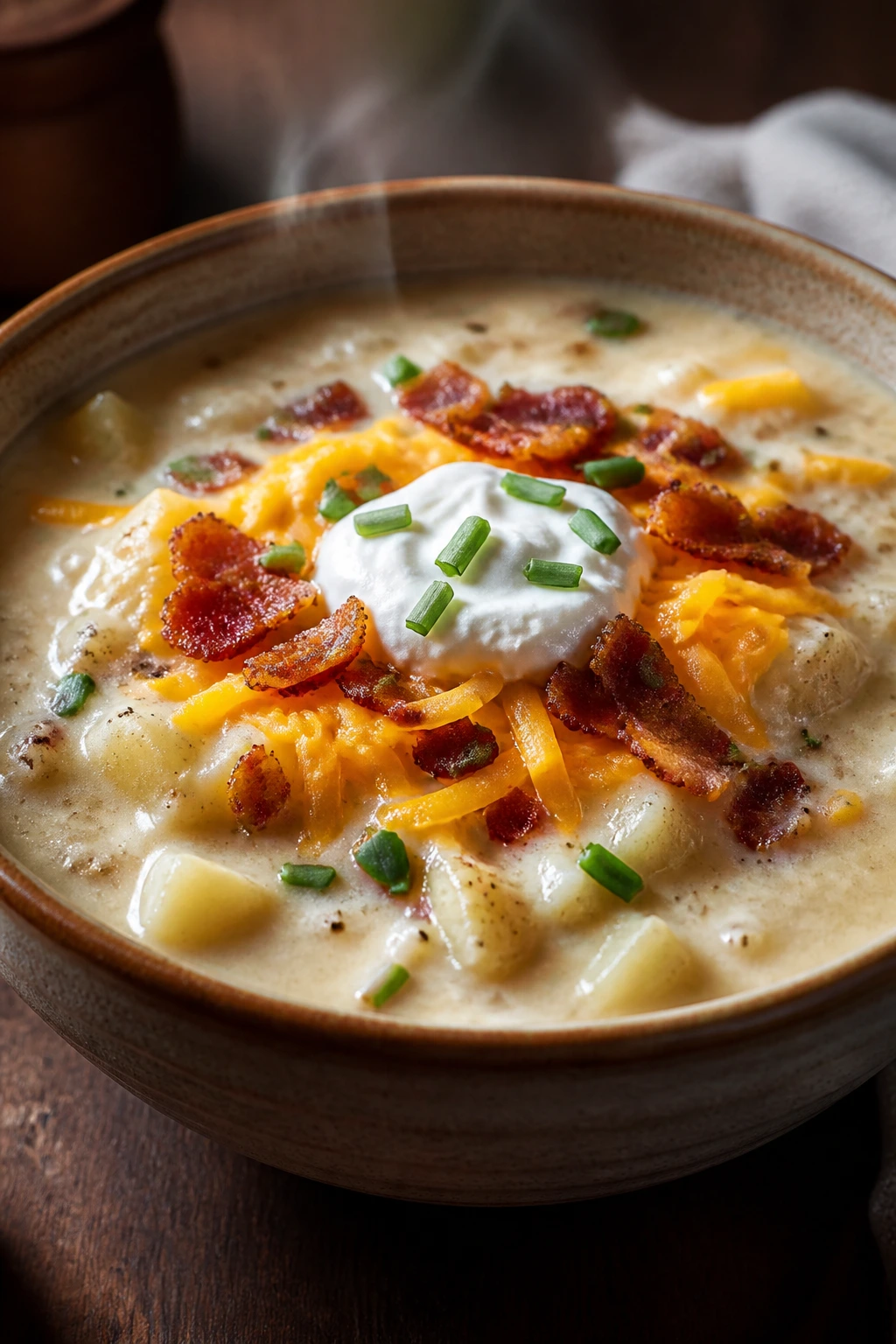 Steaming loaded potato soup with cheddar, bacon, and sour cream in a bowl
