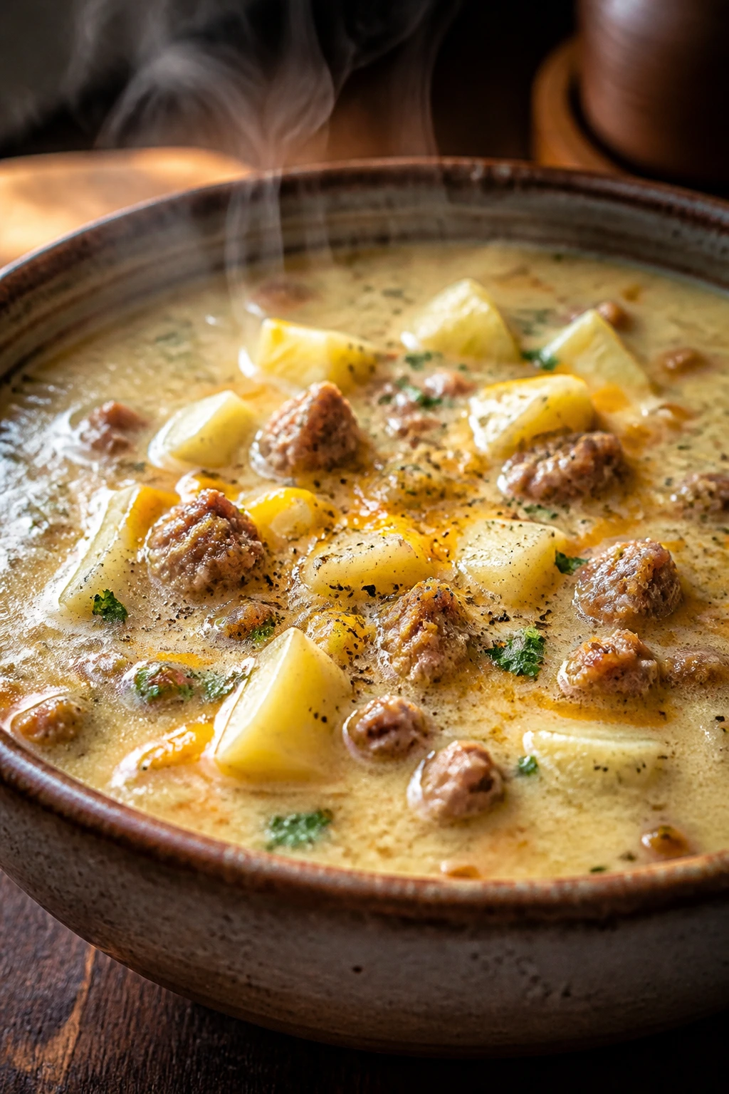 Rustic bowl of sausage potato soup with potatoes and sausage
