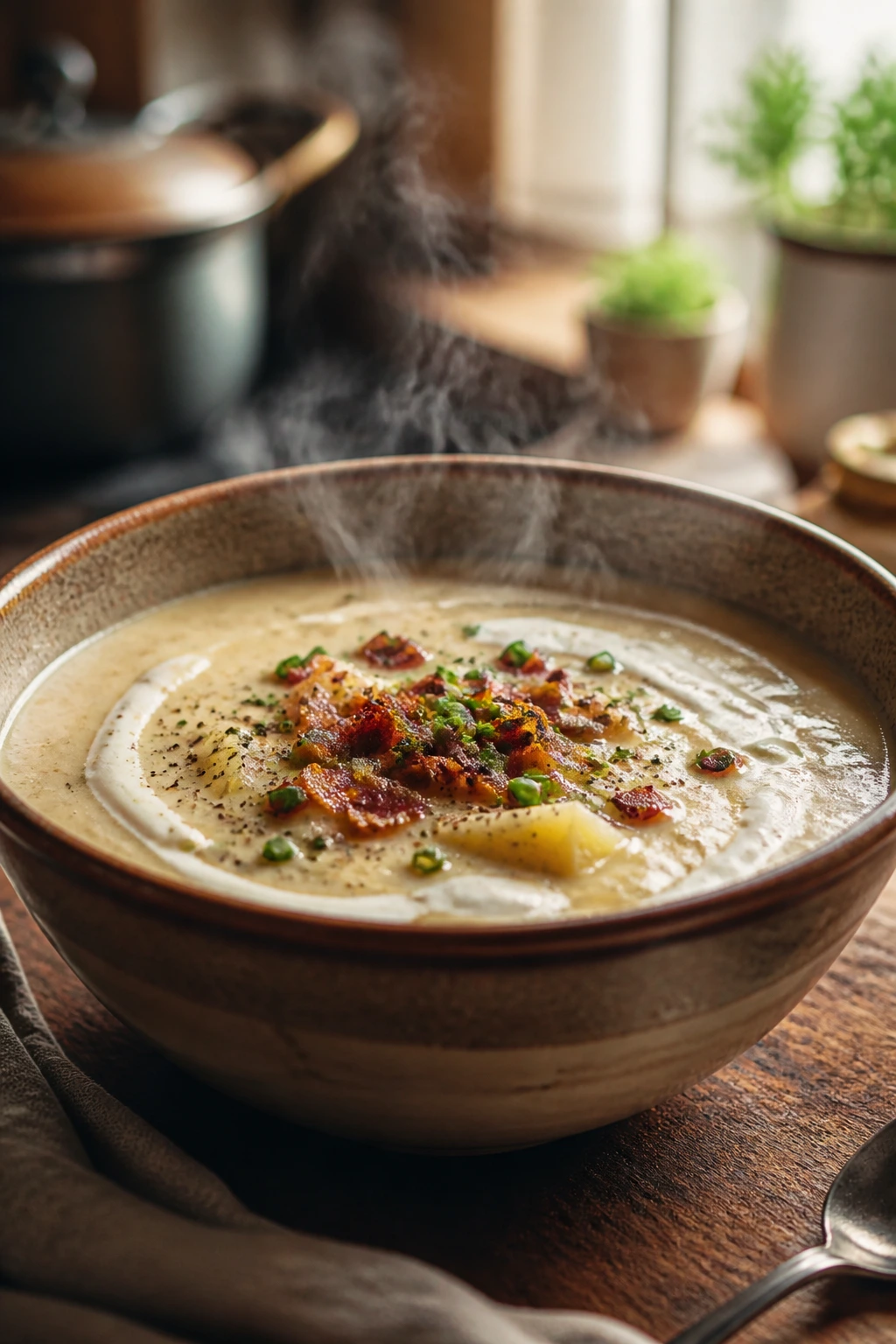 Close-up of creamy potato soup in a warm bowl with steam and bacon-chive topping