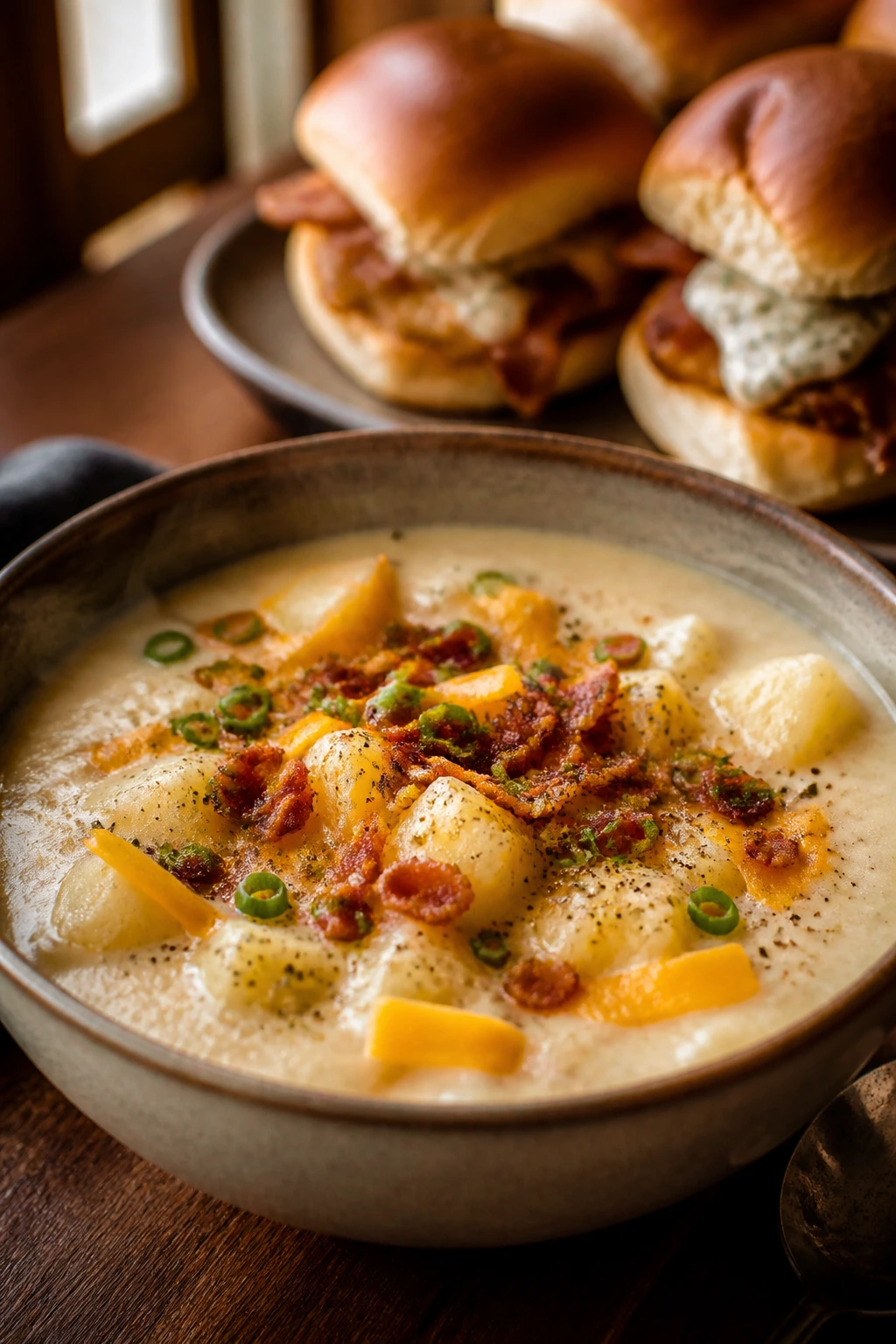 Close-up of thick loaded potato soup with bacon ranch sliders on a rustic table