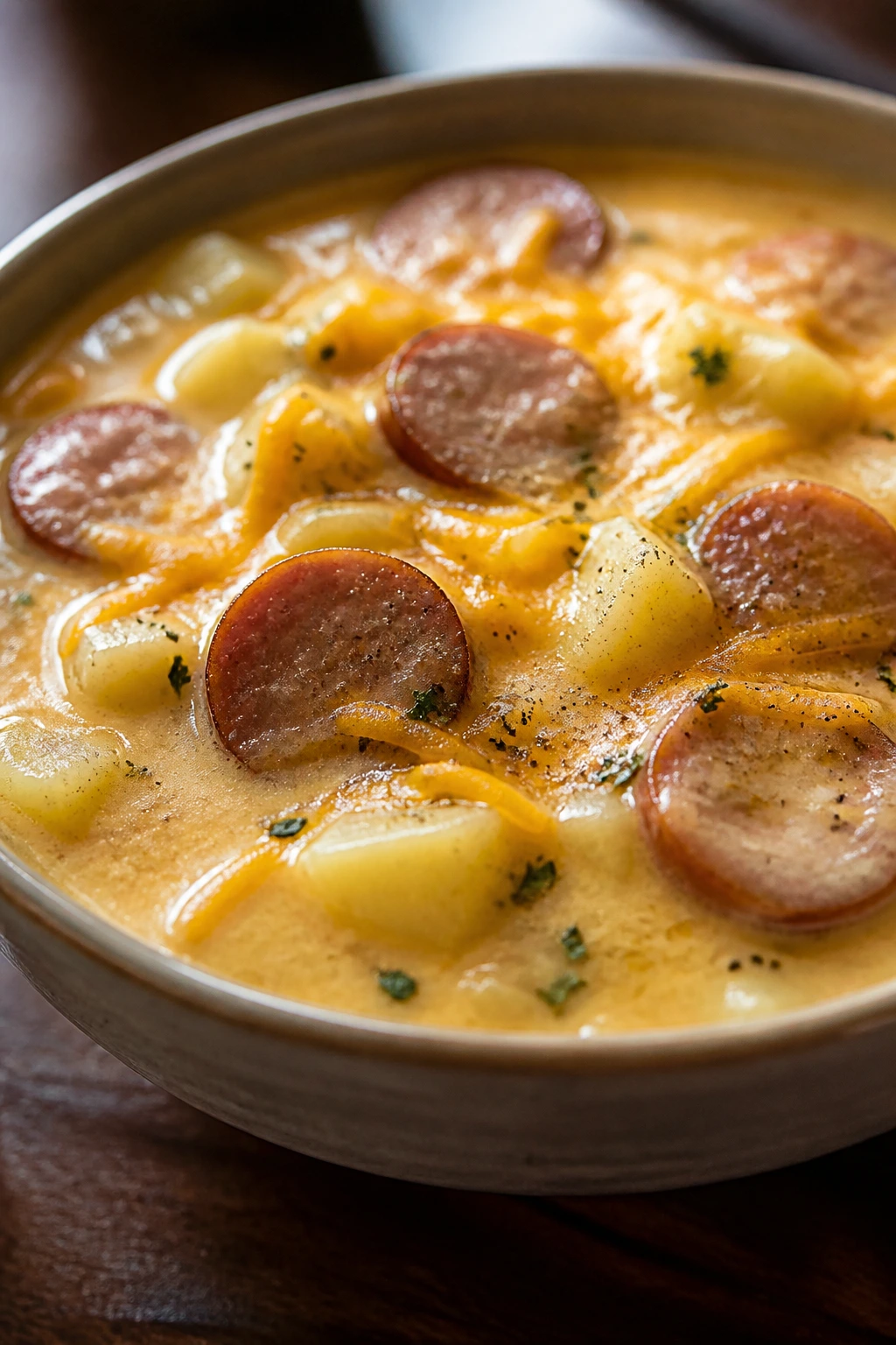 Creamy smoked sausage potato soup in a bowl.