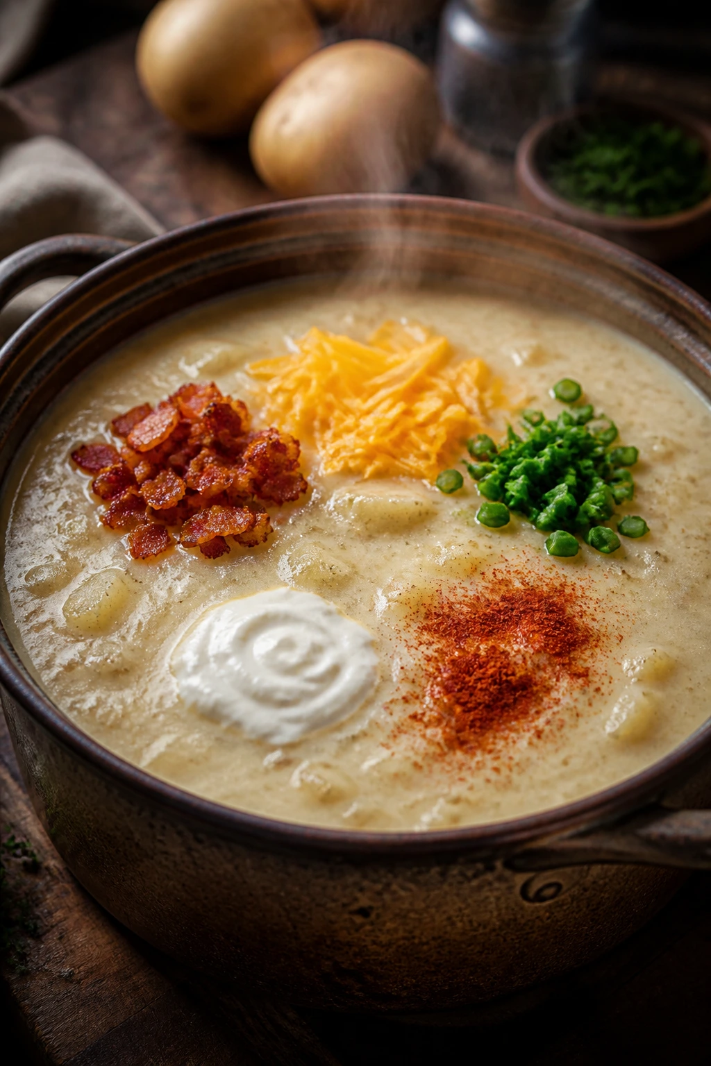 Pot of potato soup with five different garnish swirls on the surface