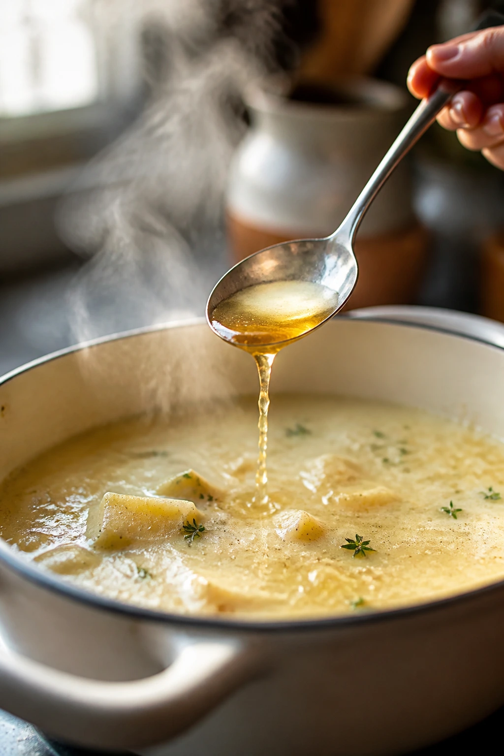 Pot of creamy potato soup with a teaspoon dropping a small amount of apple cider vinegar