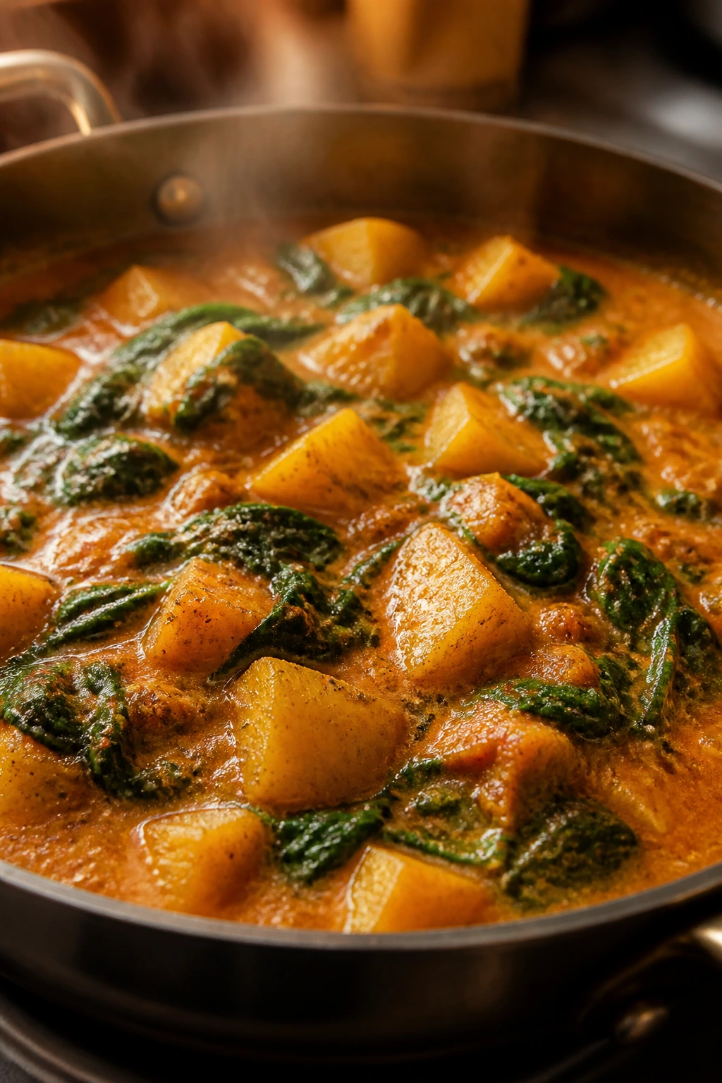 Potato and spinach curry in a skillet