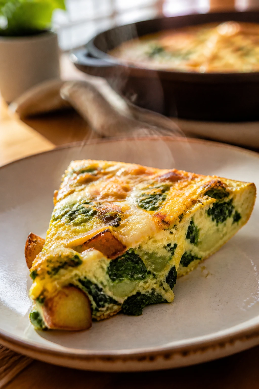 Wedge of frittata with potatoes and spinach on a plate