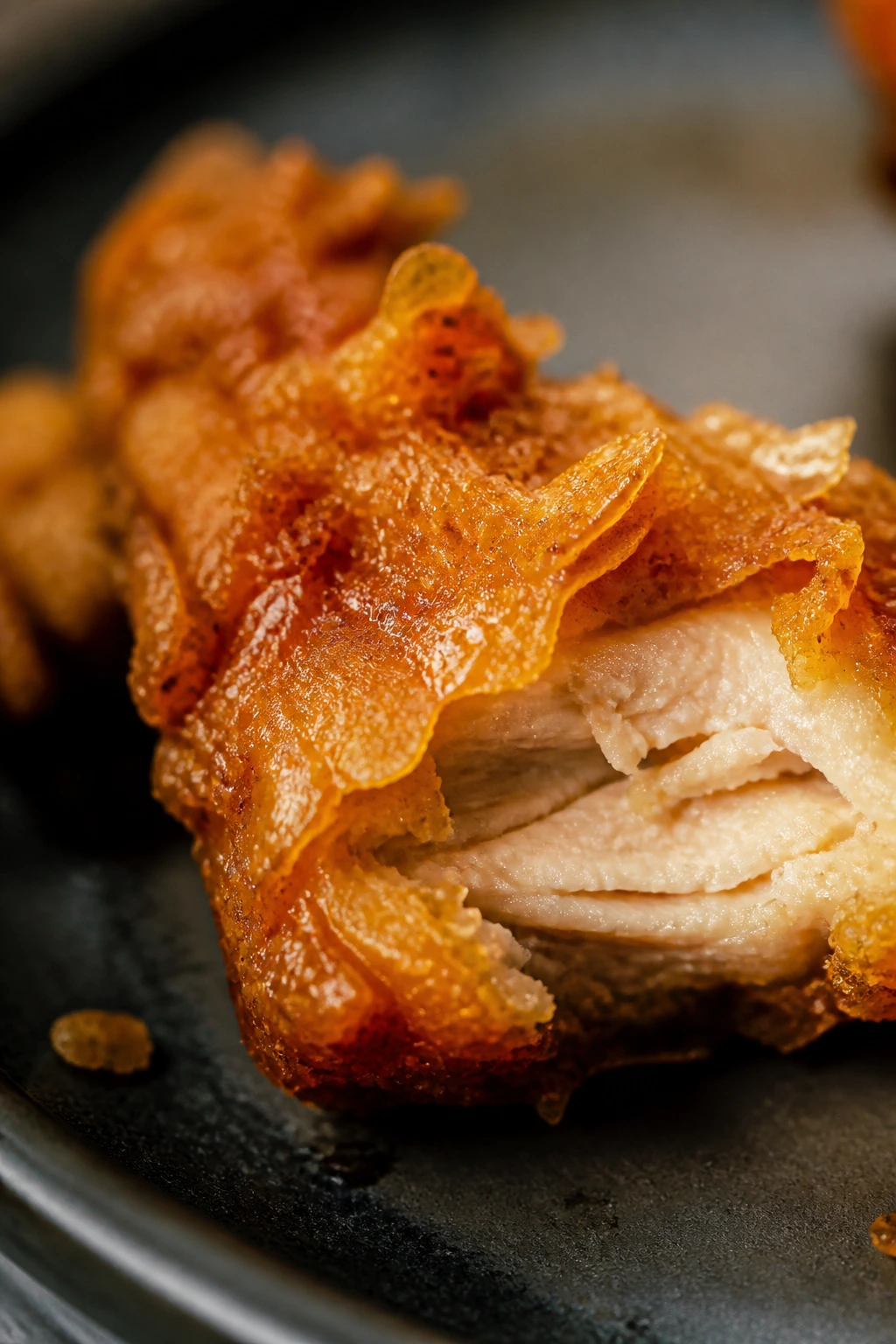 Bite-sized fried chicken piece showing a glassy potato starch crust.