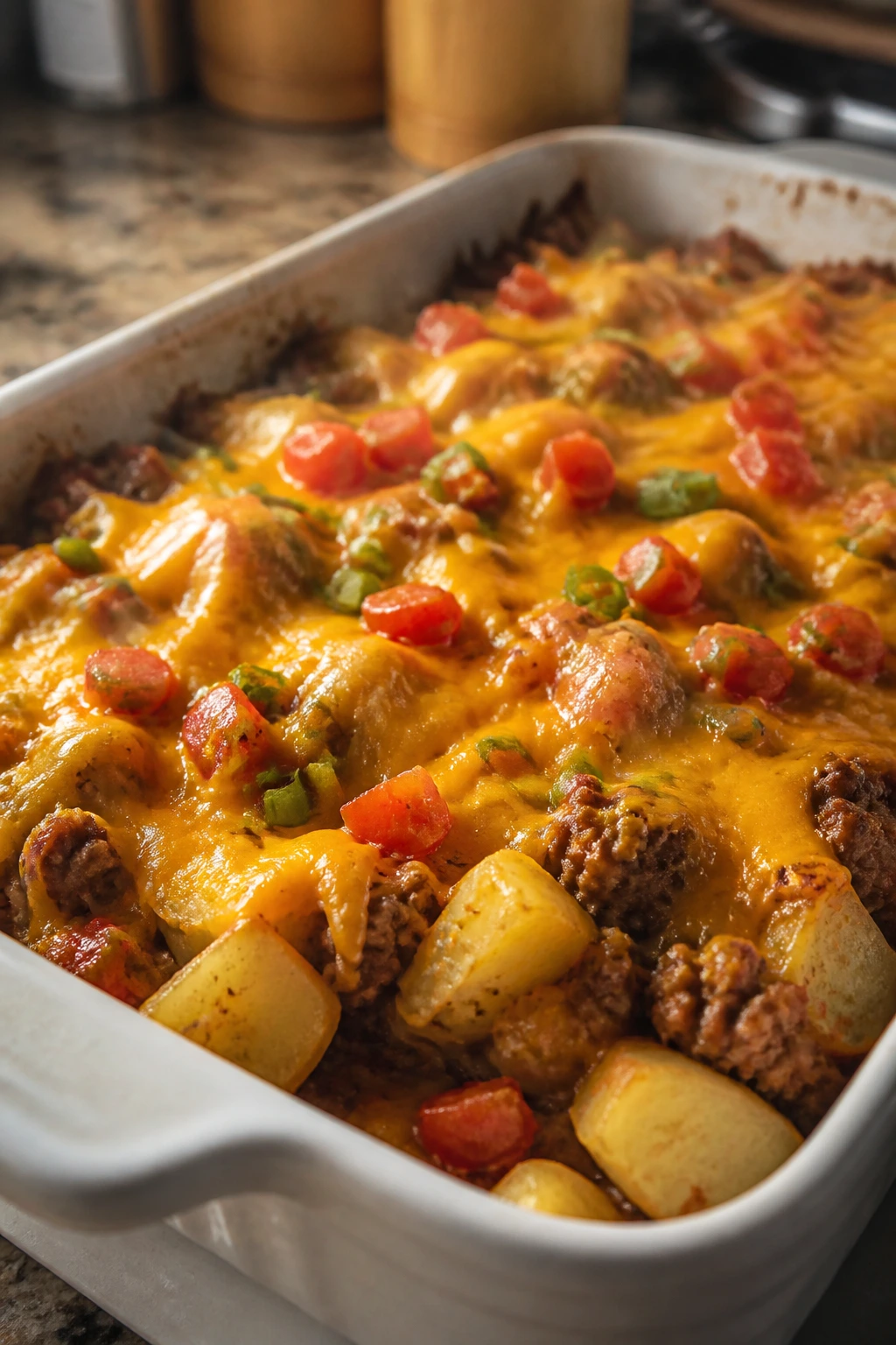 Layered potato taco casserole in a baking dish.